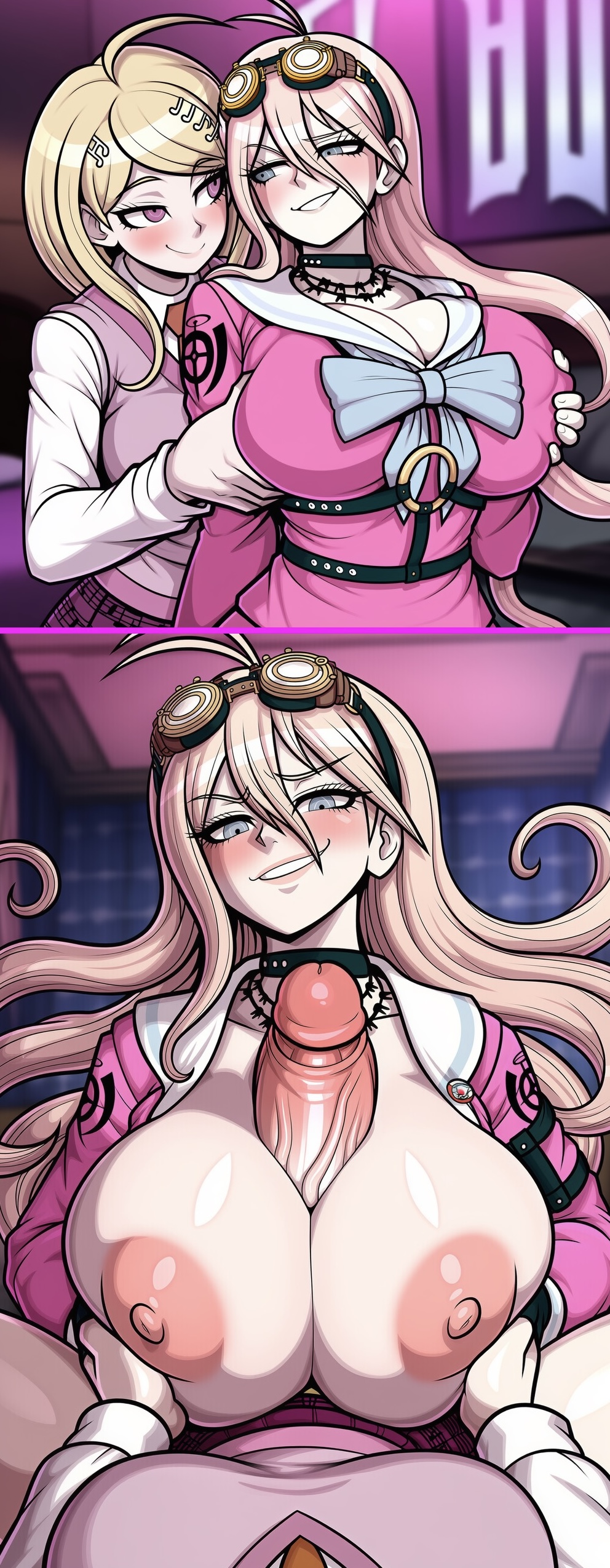 1futa, 1girls, ai generated, akamatsu kaede, big breasts, big penis, blonde hair, breast grab, breasts, breasts out, clothing, danganronpa, danganronpa v3, female, fondling, futa on female, futa pov, futanari, goggles, grabbing from behind, groping, groping from behind, huge breasts, huge cock, iruma miu, light-skinned female, light-skinned futanari, nipples, paizuri, penis, smile, smirk