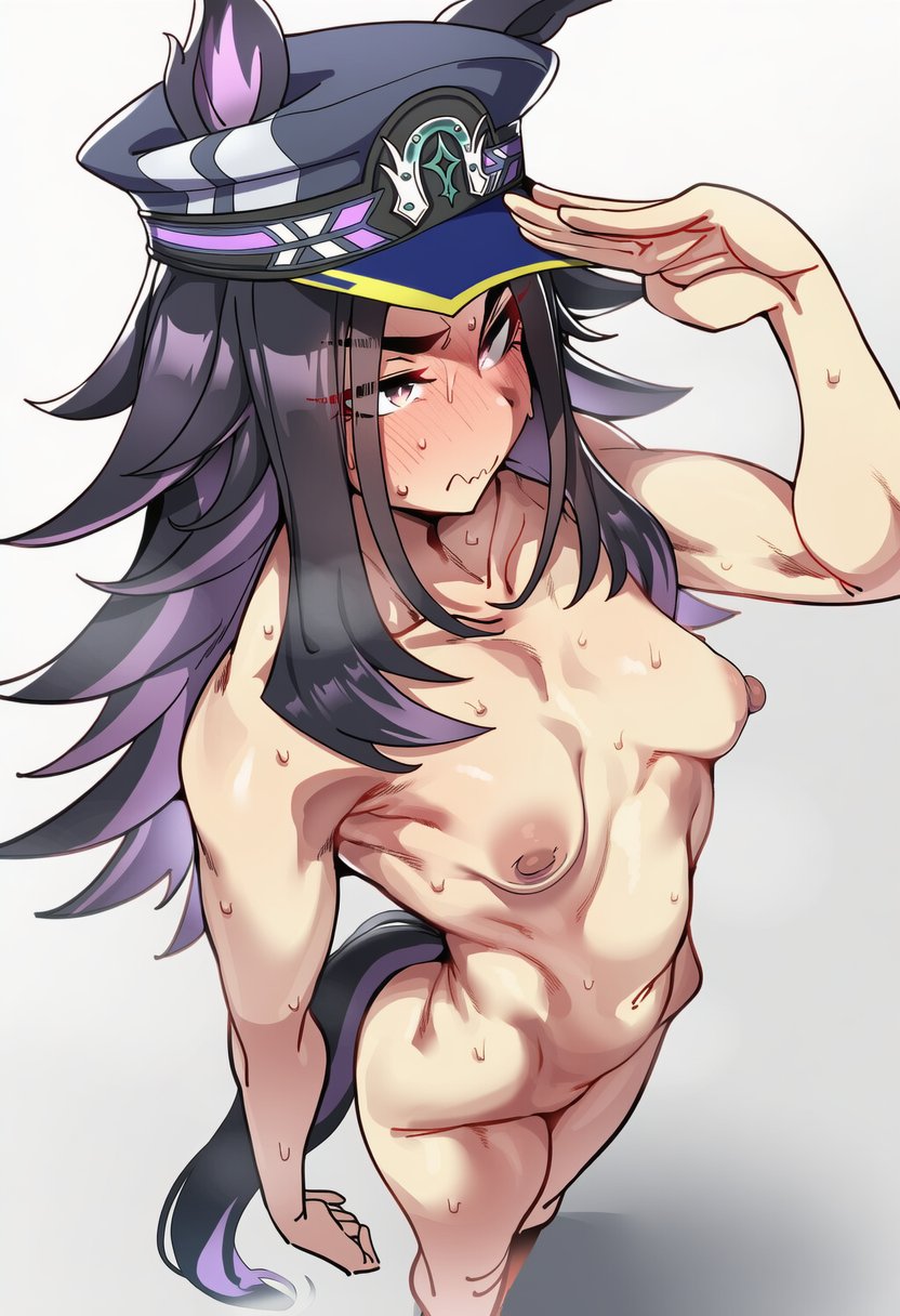 1girls, 2d, ai generated, animal ears, areola, areolae, ass, black hair, blush, breasts, closed mouth, collarbone, completely nude, embarrassed, fenomeno (umamusume), from above, hat, horse ears, horse girl, horse tail, long hair, looking at viewer, multicolored hair, navel, nipples, nude, peaked cap, puffy nipples, purple hair, salute, simple background, sloppingslurpie, small breasts, solo, standing, steam, steaming body, sweat, sweatdrop, tail, thighs, umamusume, umamusume pretty derby