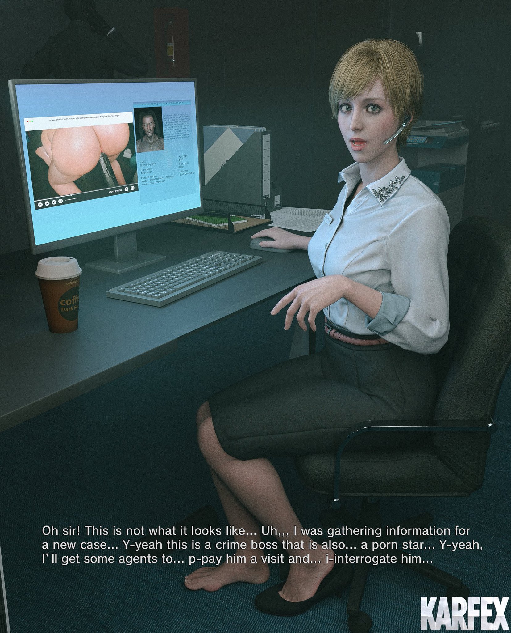 1boy, 1girls, 3d, 40 year old, age difference, anal, anal sex, ass, big ass, big penis, blonde female, blonde hair, blowjob, blue eyes, butt, butt crack, butt focus, caucasian female, caught, clothed female, clothed female nude male, clothing, completely nude, completely nude female, completely nude male, computer, cougar, criminal, criminal scum, curvy, curvy female, curvy figure, dark skin, dark-skinned male, desktop, dialogue, electronics, english text, fbi, fbi agent, feet, female, horny, horny female, huge ass, huge breasts, human, hybristophilia, interracial, karfex, light skin, light-skinned female, male, mature, mature female, mature woman, nervous, office, office background, office clothing, office lady, older female and younger male, pale skin, pale-skinned female, pc, raceplay, resident evil, resident evil 9: requiem, sherry birkin, sherry birkin (bridgette haze), short hair, skin contrast, skin tone difference, soles, thug, toes, voluptuous, voluptuous female, watching porn, youthful, youthful face, youthful features, youthful look