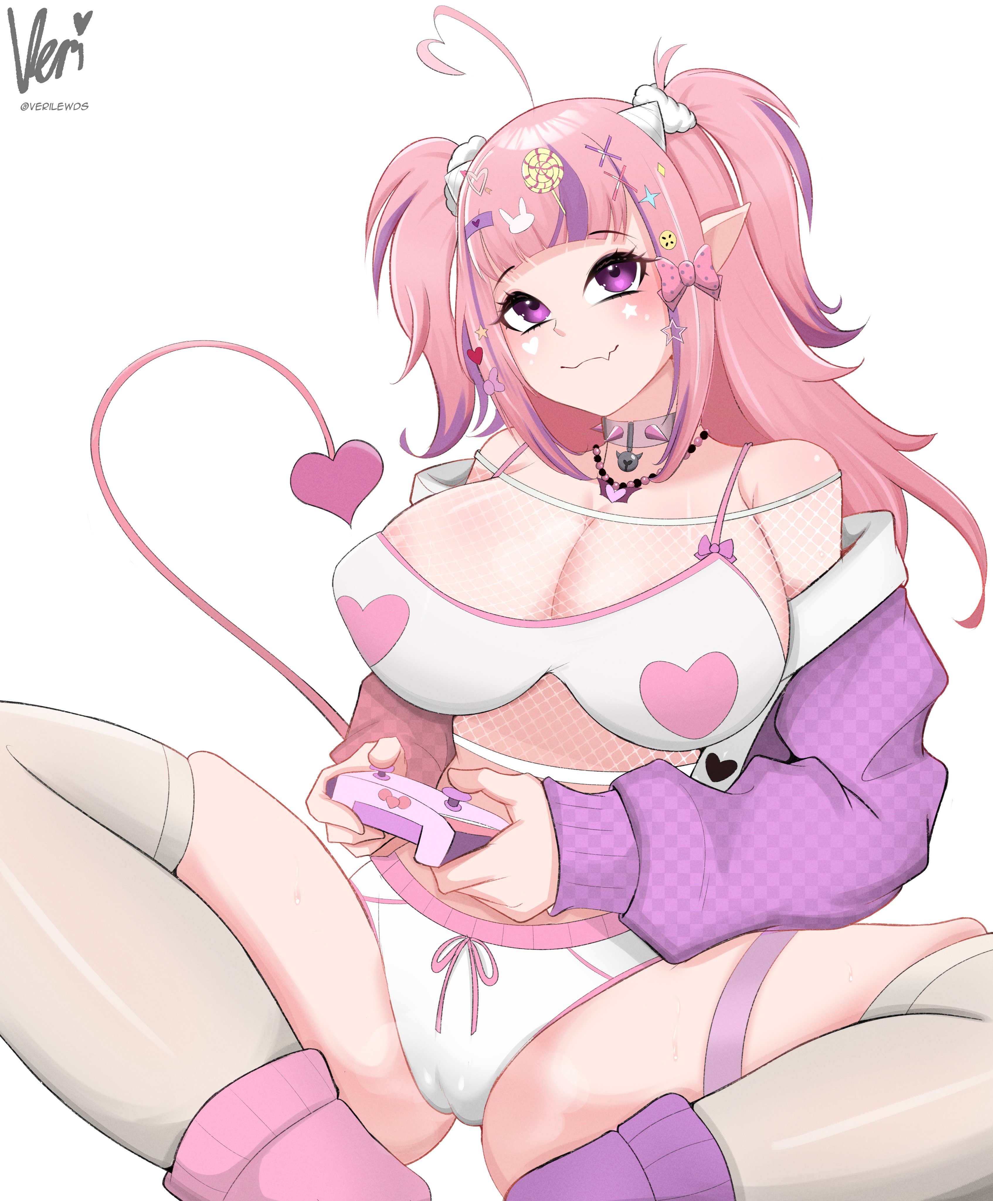 1girls, big breasts, breasts, cameltoe, cleavage, curvy, decora, demon girl, demon tail, female, fishnet topwear, fishnets, gaming, huge breasts, indie virtual youtuber, ironmouse, ironmouse (decora outfit), large breasts, latina, legs apart, massive breasts, pink hair, pointy ears, purple eyes, pussy, revi lewds, shorts, thick, thick thighs, thighhighs, thighs, twintails, virtual youtuber, voluptuous, vtuber, white background