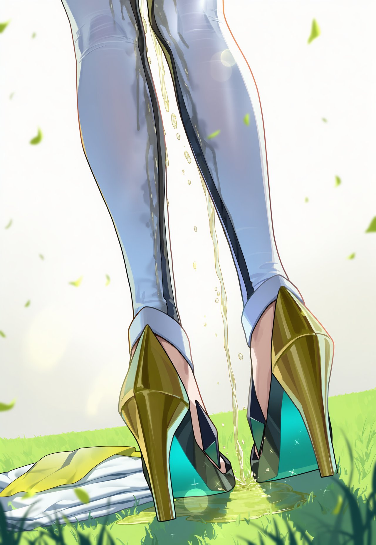 1girls, ai generated, circle ueponzu, face out of frame, fetish, high heels, lusamine (pokemon), peeing, pissing on floor, pissing on self, pokemon, urine, wetting clothing, wetting self, white background, white legwear