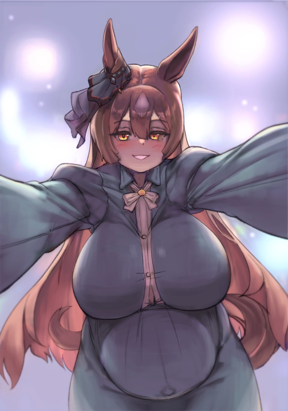 akeggle, big breasts, blush, brown hair, dress, female, female only, fully clothed, hair ornament, horse ears, horse girl, huge breasts, long hair, looking at viewer, maternity clothes, maternity dress, outie navel, pregnant, satono diamond (umamusume), smile, solo, umamusume, umamusume pretty derby, yellow eyes