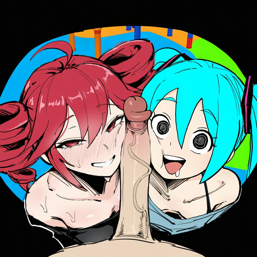 1boy, 2d, 2girls, ahoge, ai generated, aqua hair, bare shoulders, big cock, big penis, black eyes, black shirt, blue shirt, blush, breasts, cheek press, cock, collarbone, dizzy eyes, drill hair, drooling, erection, face on penis, female, ffm threesome, grin, group sex, hair between eyes, hatsune miku, heads together, hetero, huge cock, kasane teto, large cock, large penis, long hair, looking at viewer, male, male/female, massive cock, massive penis, medium breasts, mouth drool, multiple girls, nose blush, open mouth, penis, penis awe, penis on face, pov, pov crotch, red eyes, red hair, shirt, sloppingslurpie, small breasts, smile, straight, sweat, teeth, thick cock, thick penis, threesome, twin drills, twintails, uncensored, utau, vein, veins, veiny, veiny cock, veiny penis, vocaloid