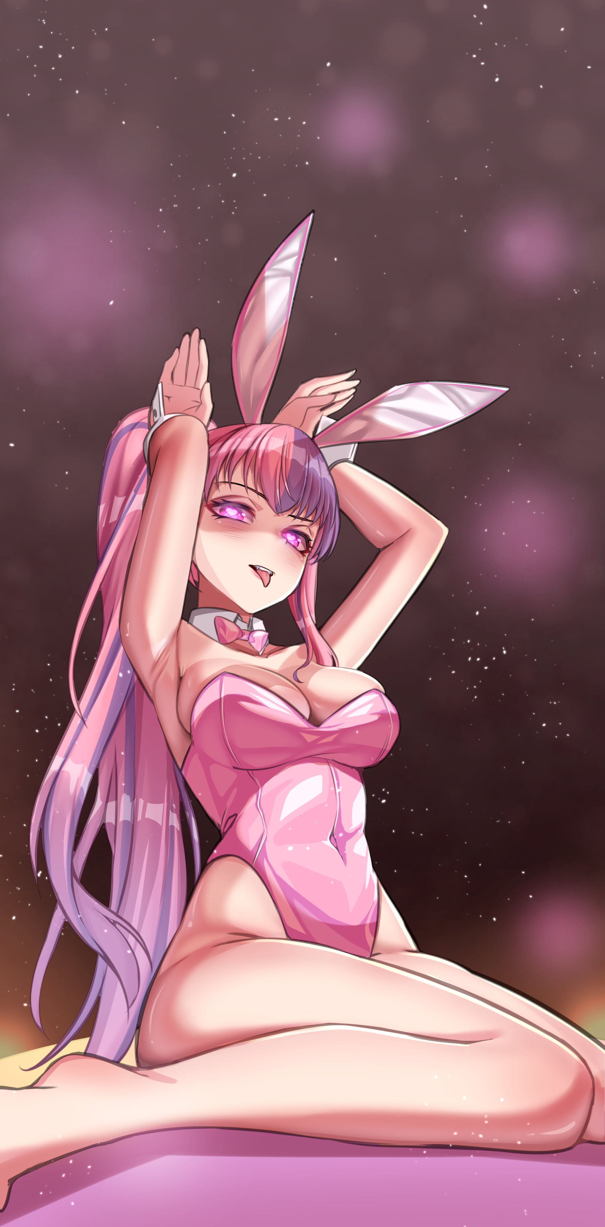 1girls, absurdres, animal ears, armpits, bare hips, bow, breasts, breedable hips, bunny ears, bunnysuit, cleavage, detached collar, female, heart, heart-shaped pupils, highres, hips, indie virtual youtuber, ironmouse, kurotsuki arts, latina, legs, leotard, long hair, looking at viewer, medium breasts, multicolored hair, pink bow, pink hair, pink leotard, playboy bunny, playboy bunnysuit, purple hair, rabbit ears, rabbit pose, sitting, solo, symbol-shaped pupils, thighs, tongue, tongue out, twintails, two-tone hair, virtual youtuber, vtuber, wrist cuffs