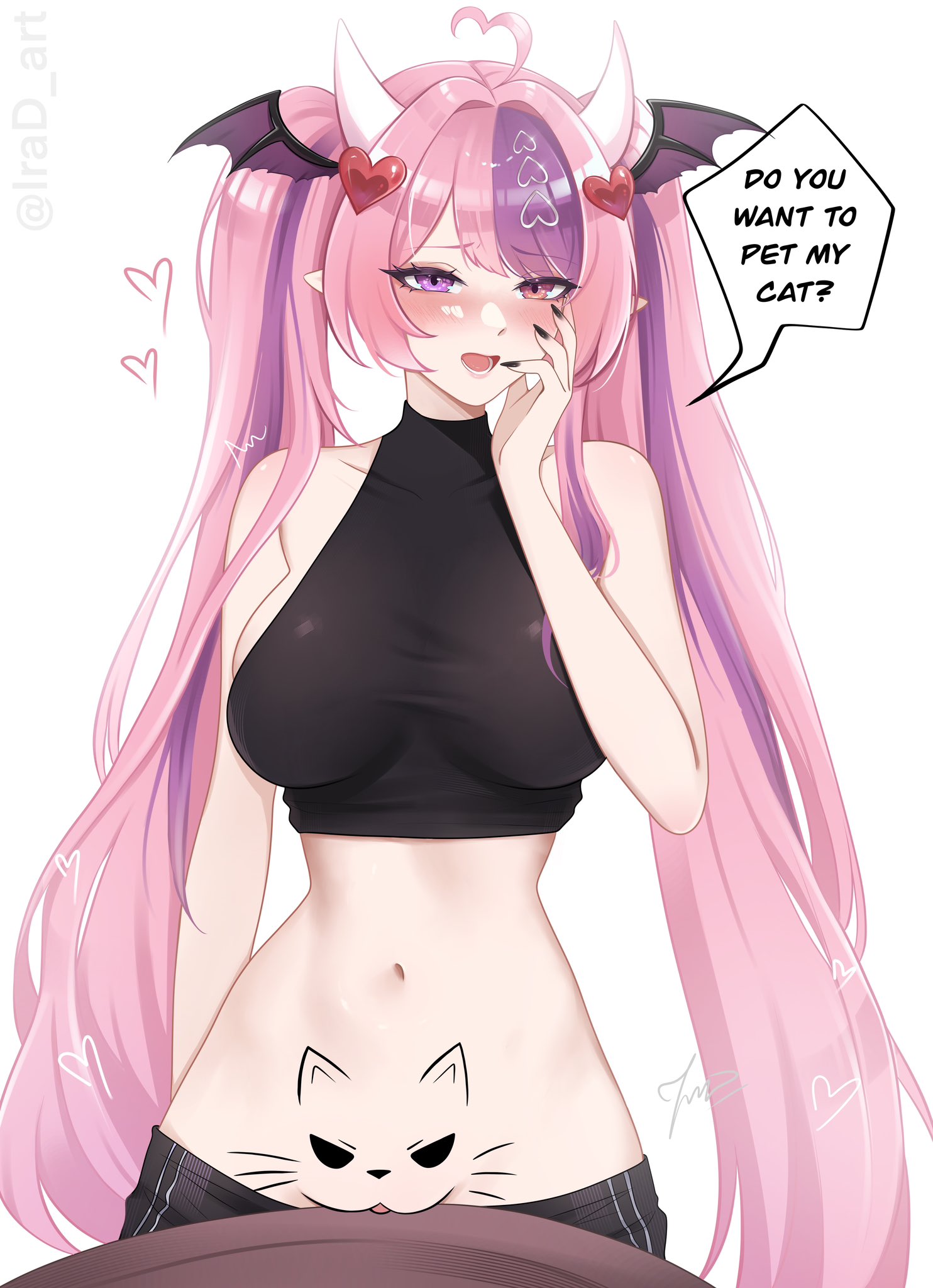 1girls, big breasts, breasts, crop top, demon girl, demon horns, do you want to pet my cat (meme), female, halter top, halterneck, head wings, heart ahoge, indie virtual youtuber, irad art, ironmouse, ironmouse (season 3), large breasts, navel, open mouth, pink hair, pussy, sideboob, streaked hair, table, twintails, virtual youtuber, vtuber
