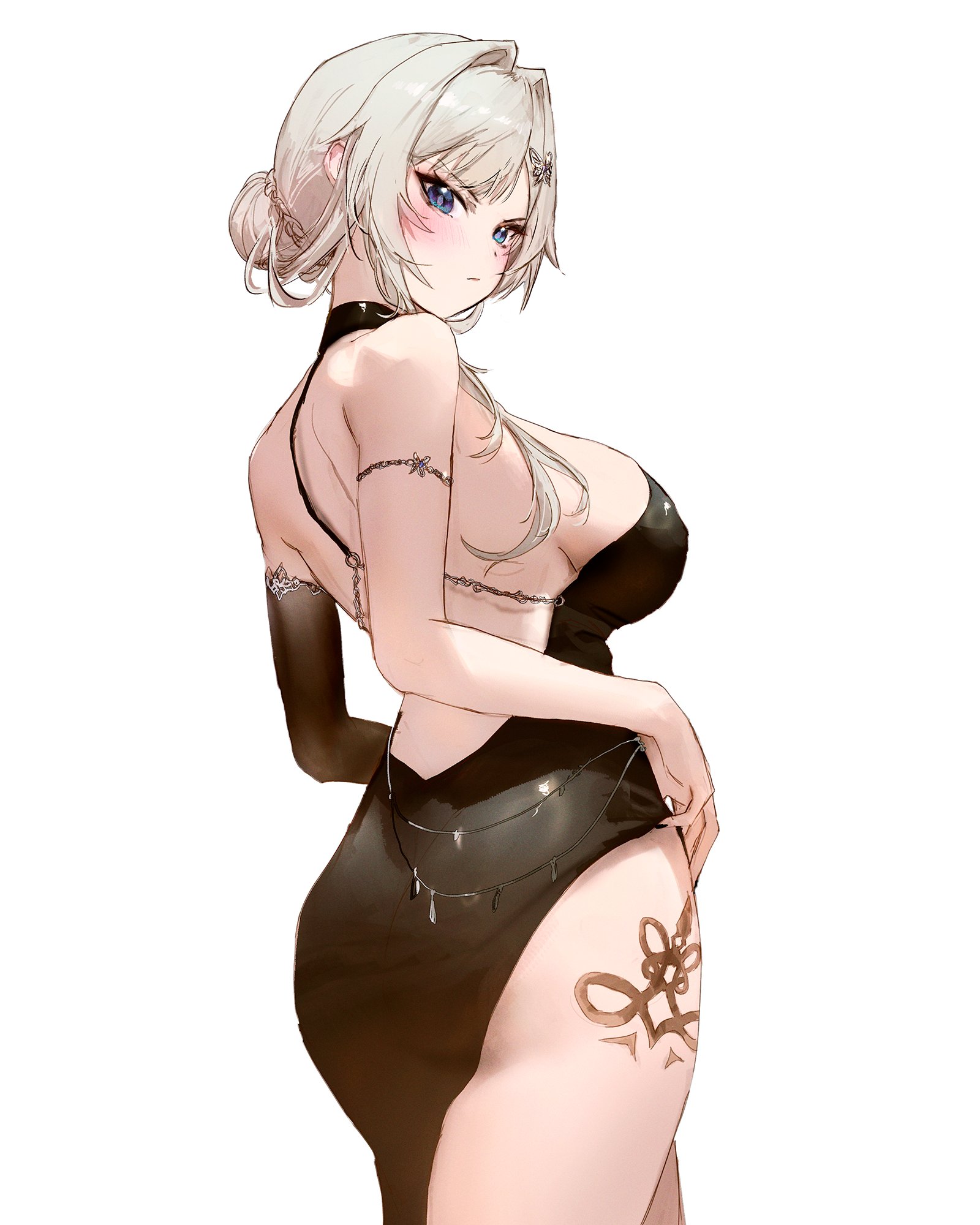 1girls, back, black dress, blonde hair, blue eyes, blush, braid, breasts, butterfly hair ornament, closed mouth, dress, elbow gloves, female, gloves, hair bun, hair intakes, hair ornament, hairclip, highres, looking at viewer, looking back, mn374390, phase connect, phase saga, pout, sideboob, sidelocks, thighs, virtual youtuber, vtuber, white background, wilhelmina frost