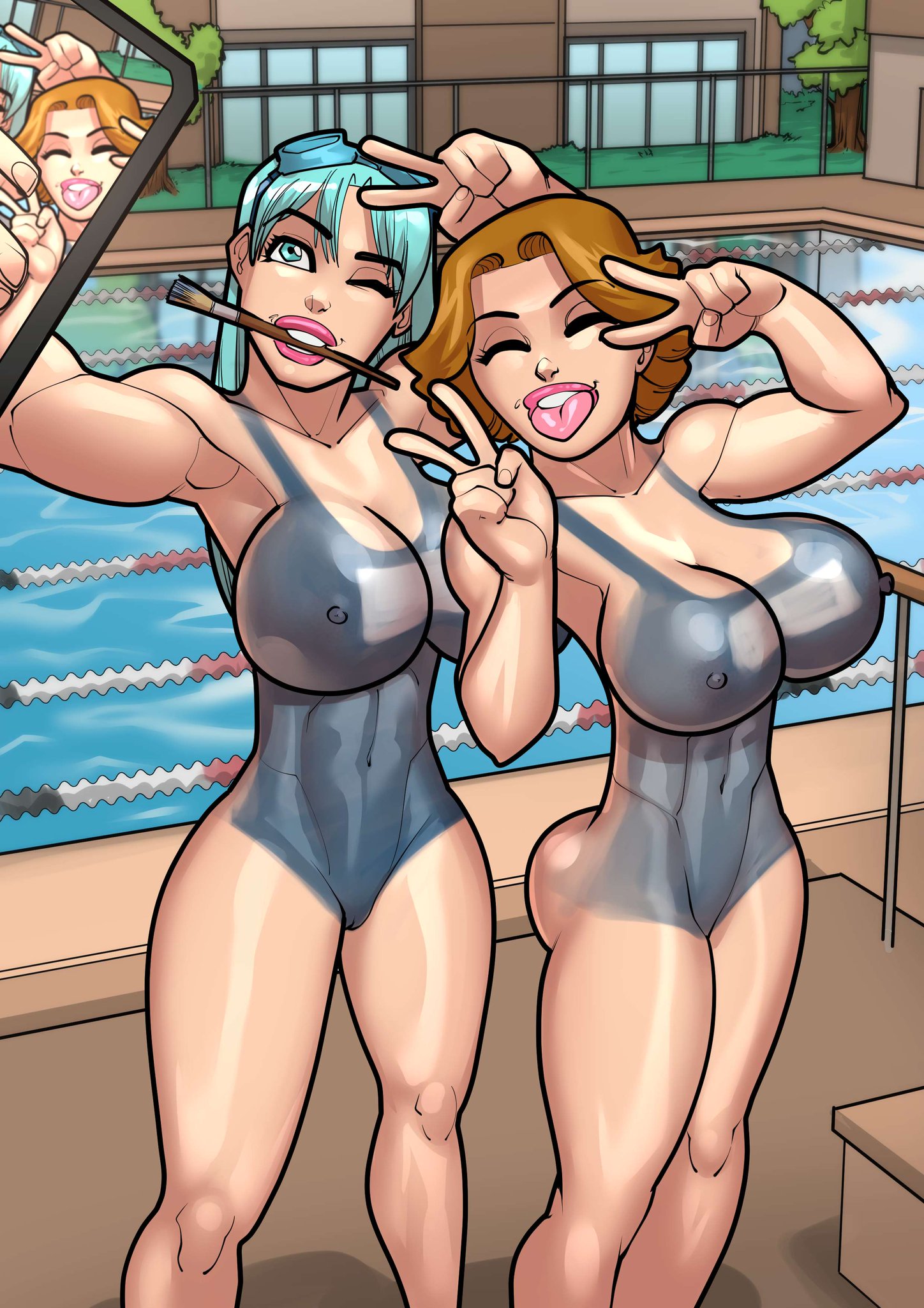 2girls, big ass, big breasts, big thighs, blue hair, bodypaint, breasts, brown hair, completely nude, completely nude female, curvaceous, curvy, curvy figure, cyan hair, digital media (artwork), female, female only, goggles, herron house (series), hips, hourglass figure, huge ass, huge breasts, huge thighs, jacqui herron, janet herron, large ass, large breasts, large thighs, legs, light skin, light-skinned female, mature, mature female, multiple girls, my mom and sister are size queen sluts, nude, nude female, painted clothes, peace sign, phone, phone screen, pool, poolside, rabies-t-lagomorph, selfie, slim waist, slutwr1ter, thick, thick hips, thick legs, thick thighs, thighs, tongue out, voluptuous, waist, wide hips, wide thighs