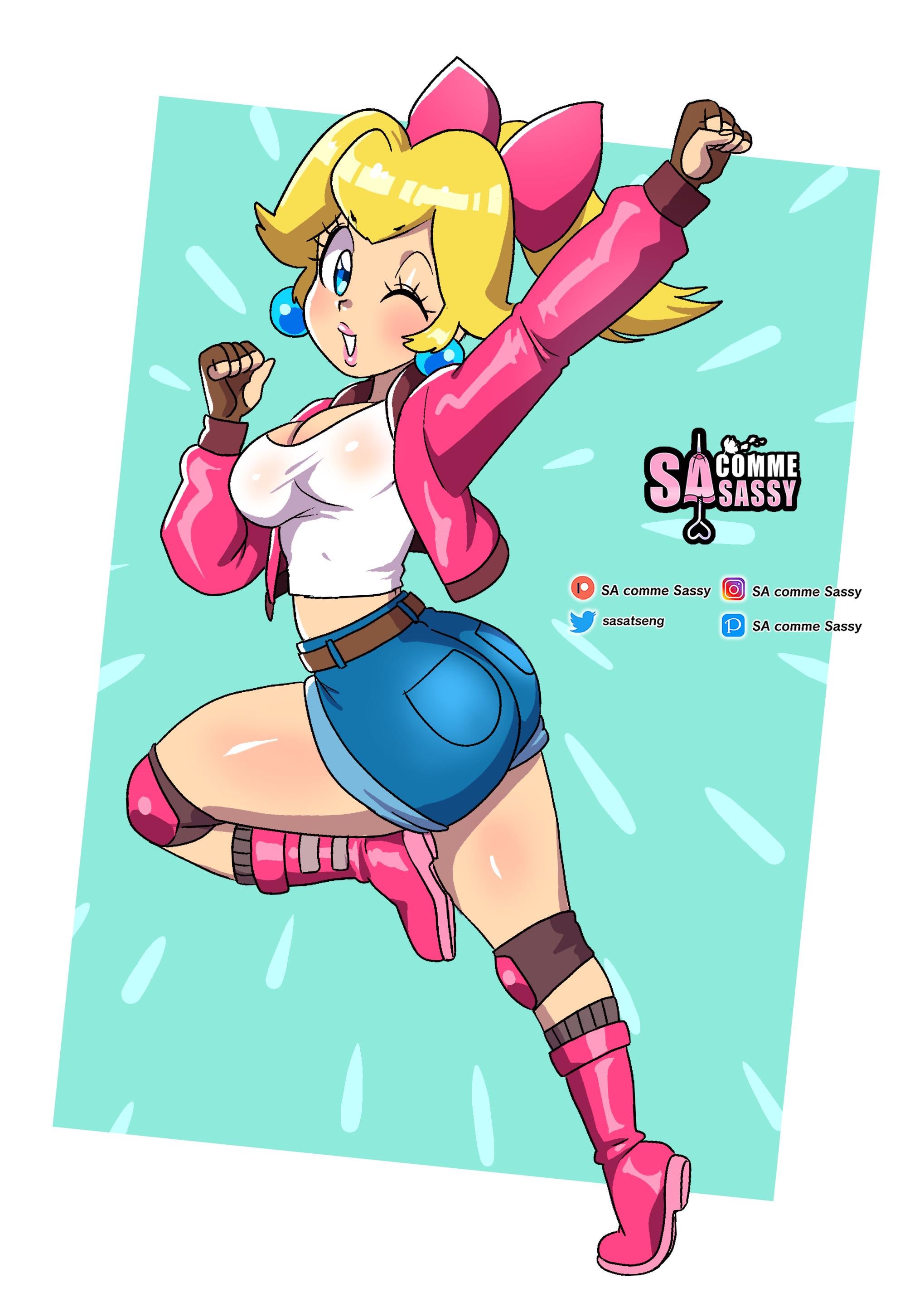 1girls, alternate costume, artist name, blonde female, blonde hair, boots, cleavage, clothed, clothed female, denim, denim shorts, female, jacket, looking at viewer, mario (series), mario kart, mario kart world, nintendo, official alternate costume, pink jacket, princess peach, princess peach (touring), sasatseng, shorts, wink, winking at viewer