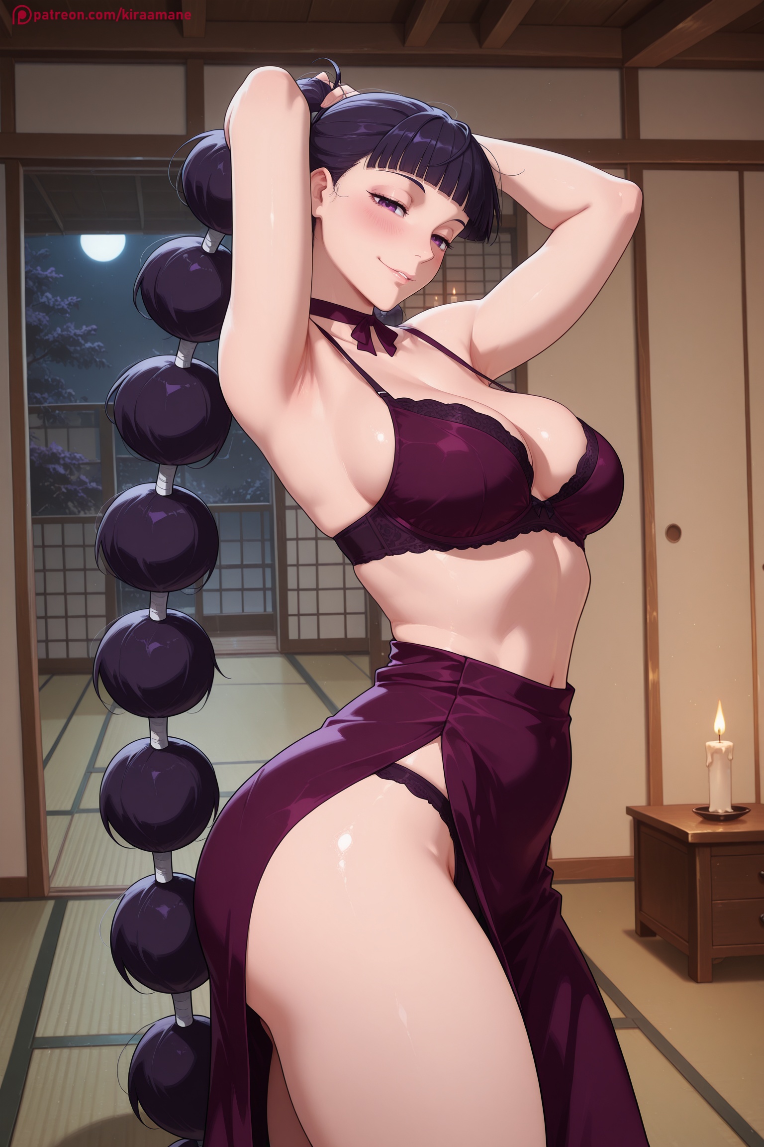 ai generated, armpits, arms up, bangs, blunt bangs, blush, bra, breasts, female, female only, hi res, high quality, high resolution, jujutsu kaisen, kiraamane, large breasts, long hair, looking at viewer, navel, panties, patreon, purple bra, purple eyes, purple panties, remi (jujutsu kaisen), seductive, sexy, sliding doors, smile, solo, thighs, uncensored, underwear, watermark