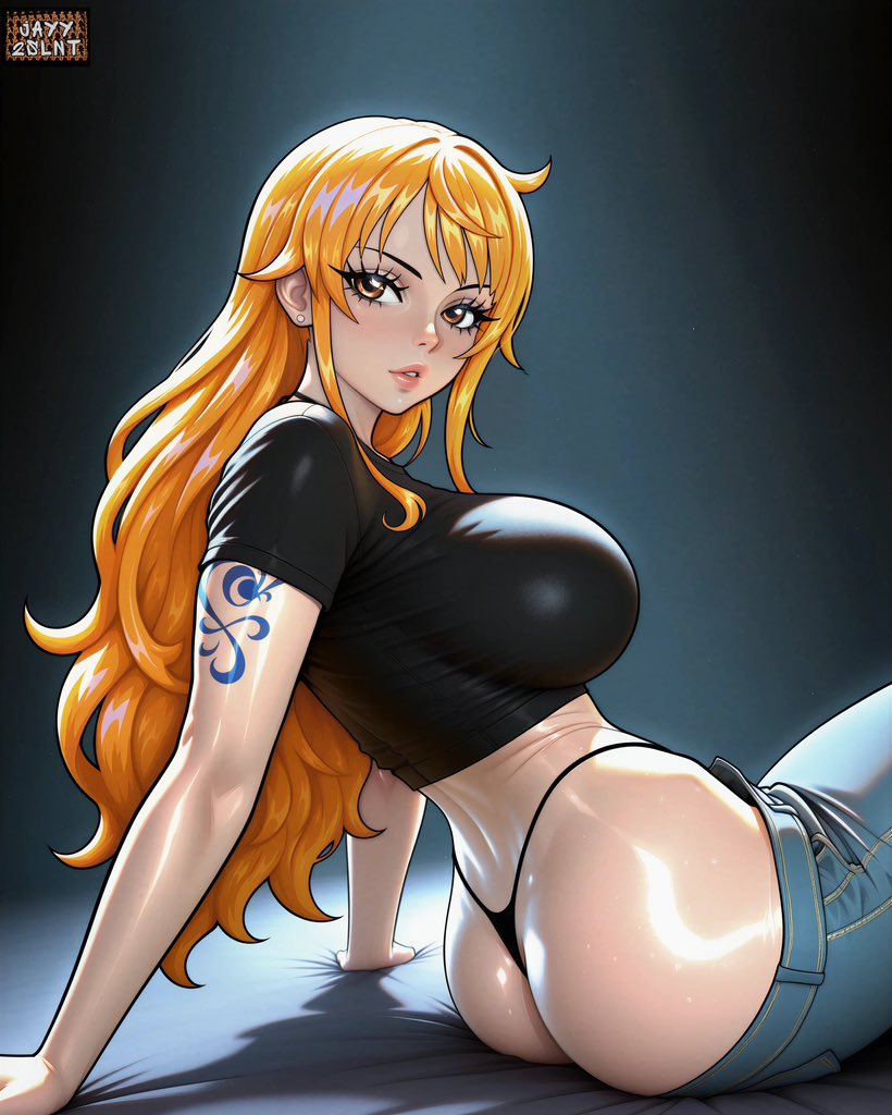 1girls, ai generated, arm tattoo, ass, ass focus, big ass, big breasts, big butt, blue tattoo, blush, clothed, clothing, color, female, female focus, female only, jayy2slnt, jeans, large breasts, long hair, looking at viewer, nami (one piece), one piece, orange eyes, orange hair, orange-haired female, panties, shounen jump, solo, solo female, tattoo, thick thighs