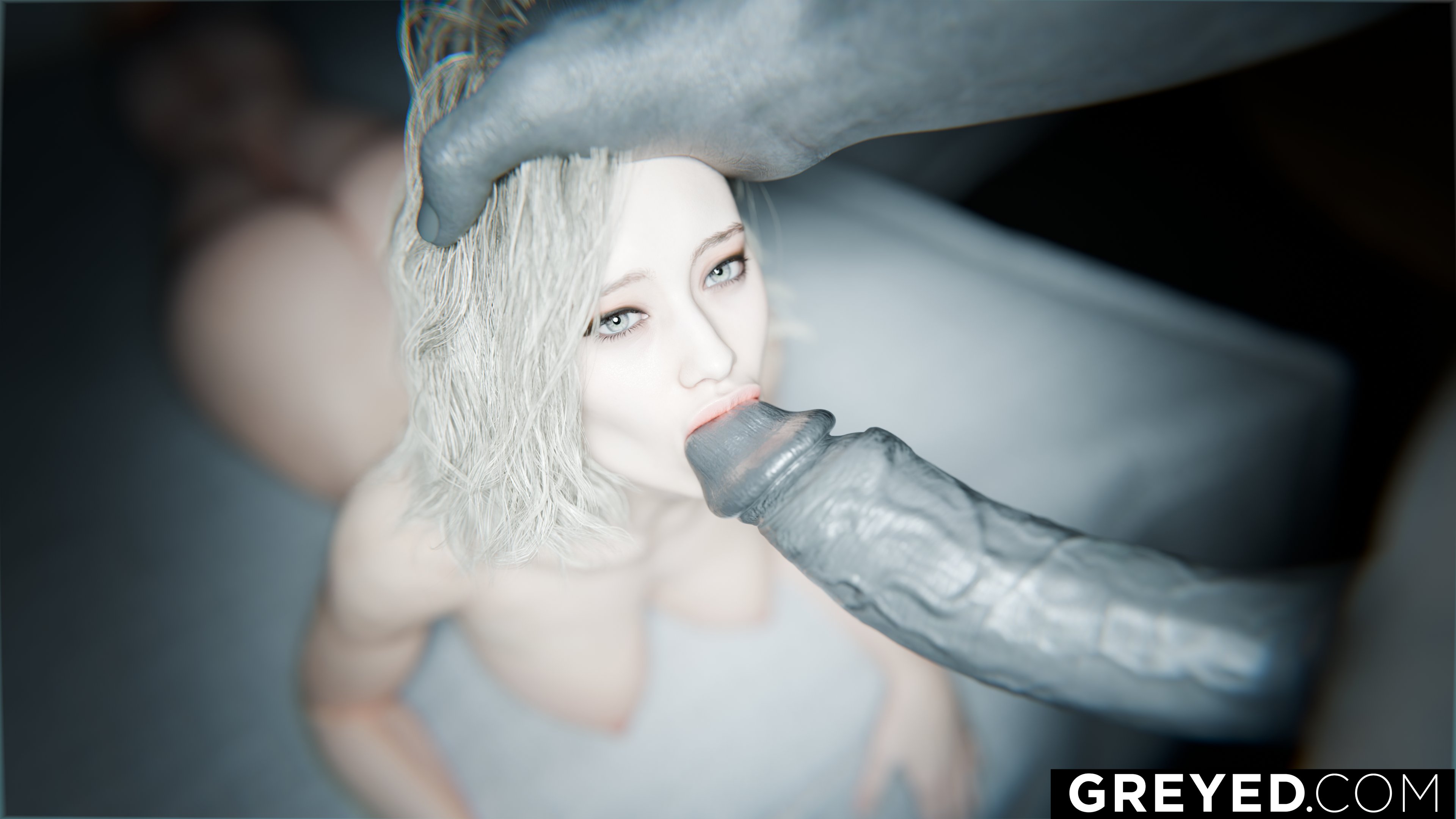 1boy, 1girls, 3d, fellatio, female, grace ashcroft, grey body, light skin, light-skinned female, male, mr x, resident evil, resident evil 9: requiem, stephanie23, tyrant, unseen male face