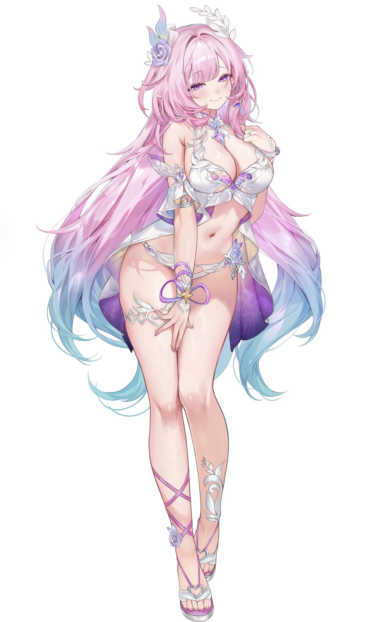 1girls, bikini, blush, breasts, cleavage, cyrene (honkai: star rail), cyrene (ripples of past reverie) (honkai: star rail), demiurge (honkai: star rail), female focus, female only, gradient eyes, gradient hair, honkai: star rail, large breasts, long hair, looking at viewer, machi (machi0910), pink hair, pointy ears, simple background, smiling at viewer, solo, solo female, swimsuit, white background