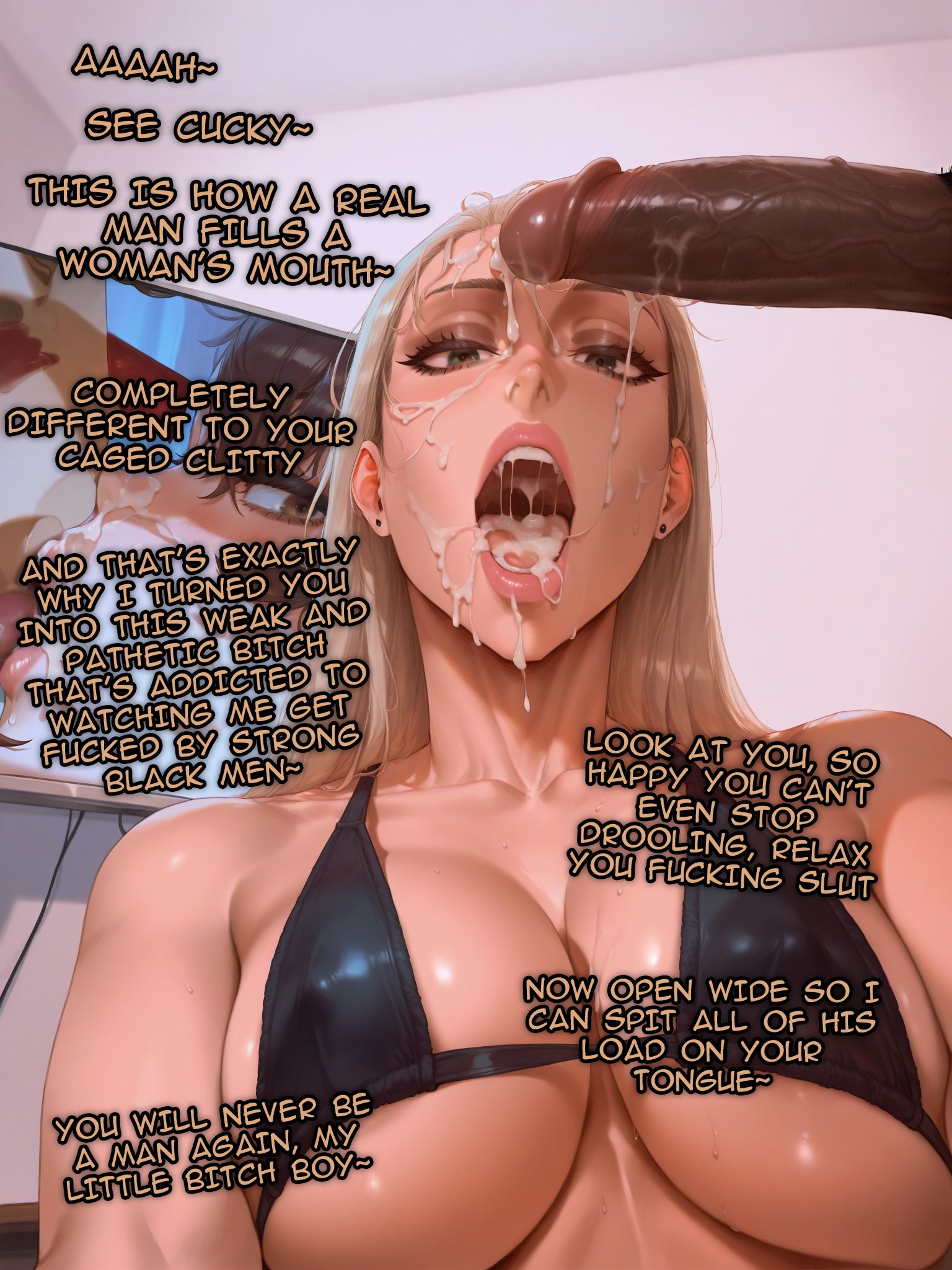 1boy, 1girls, ai generated, big penis, blonde hair, cuckold, cuckold meal, cuckold pov, cum, cum in mouth, cum on face, dark skin, dark-skinned male, english text, female, femdom, implied small penis, interracial, large breasts, looking at viewer, male, netorare, netorase, pov, sapphira uwu, small penis humiliation, teasing cuck, text