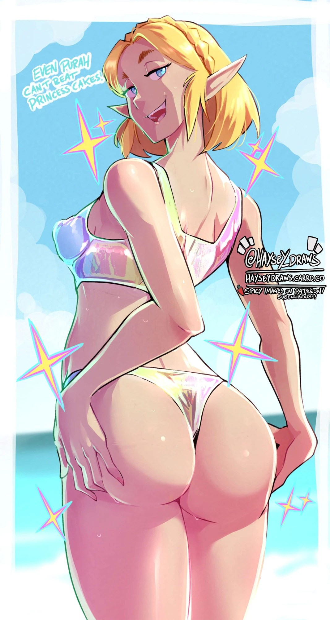 1girls, ass, ass focus, ass support, back view, big ass, big butt, bikini, blonde hair, blue eyes, braid, braided hair, breasts, bubble ass, bubble butt, curvaceous, curvy, curvy female, curvy figure, day, daytime, dialogue, elf ears, english text, eyelashes, fat ass, female, female focus, female only, half-closed eyes, hand on ass, hand on own ass, hands on ass, hands on own ass, haysey draws, hi res, high resolution, highres, light skin, light-skinned female, long ears, looking back, medium breasts, medium hair, narrowed eyes, nintendo, nipple bulge, nipples visible through clothing, outdoors, outside, pointy ears, presenting, presenting ass, presenting butt, presenting hindquarters, princess zelda, rear view, short hair, sideboob, small breasts, smile, smiling, smug, smug face, solo, solo female, solo focus, sparkles, sparkling ass, sweat, sweating, sweaty ass, sweaty body, tagme, tears of the kingdom, text, the legend of zelda, thick thighs, thighs, thong, thong bikini, voluptuous, voluptuous female, wet, wet body, wet skin, zelda (tears of the kingdom)