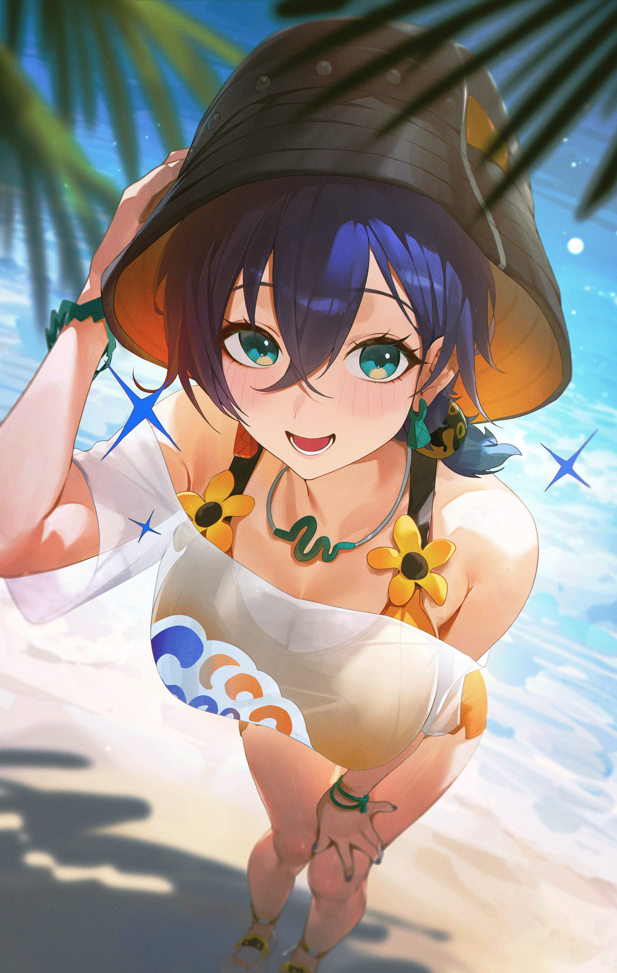 1girl, 1girls, aqua eyes, bare legs, bare shoulders, belle (summer skies) (zenless zone zero), belle (zenless zone zero), black hat, blue hair, bracelet, breasts, bucket hat, cleavage, commentary, earrings, english commentary, female, female only, from above, hair between eyes, hand on headwear, hand on own knee, hat, highres, jewelry, large breasts, legs, light blush, light skin, light-skinned female, looking at viewer, nail polish, necklace, ocean, off shoulder, off-shoulder shirt, official alternate costume, open mouth, orange shorts, outdoors, paid reward available, shirt, short hair, shorts, smile, solo, solo female, thighs, white shirt, yonesdraws, zenless zone zero