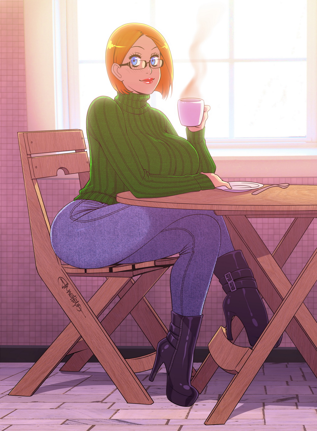 1girls, 2d, anasheya, artist signature, black boots, black high heel boots, boots, breasts, closed smile, clothed, coffee mug, digital media, female, female only, fully clothed, glasses, green turtleneck, high heel boots, high heels, holding cup, human, human only, jeans, large breasts, light skin, light-skinned female, looking to the side, orange hair, parted bangs, plate, ribbed sweater, short hair, sitting on chair, spooning, stiletto boots, stiletto heels, turtleneck sweater, wooden chair, wooden table