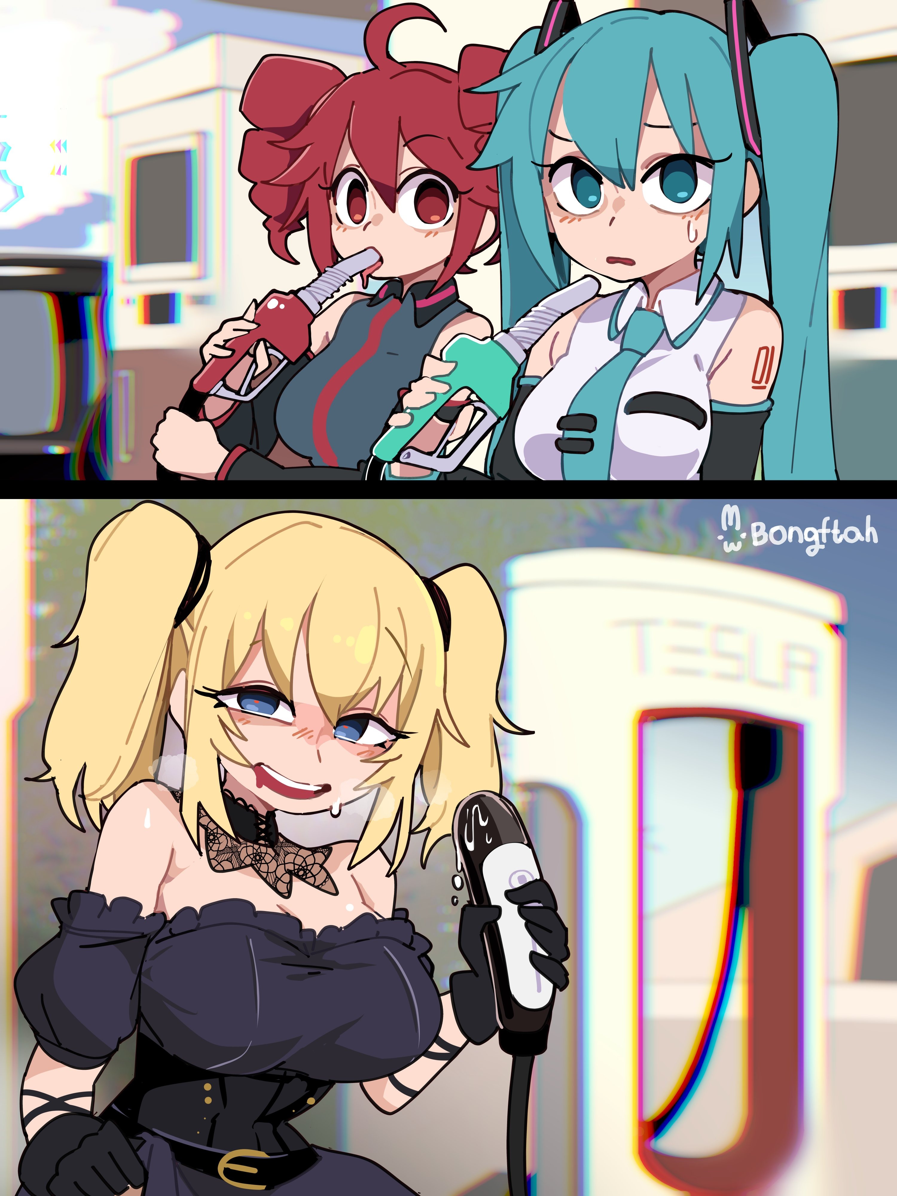 2025, 2koma, 3girls, 5 fingers, absurd res, after masturbation, ahoge, ani (twitter), aqua eyes, aqua hair, aqua necktie, bare shoulders, big breasts, black dress, black gloves, black sleeves, blonde hair, blue eyes, blue hair, bodily fluids, bongfillstudent, bongftah, breasts, clothed, clothing, collared shirt, comic, detached sleeves, dress, drill hair, drinking, empty eyes, female, fingers, gas station, genital fluids, gloves, grey shirt, grok, grok (x), hair, handwear, hatsune miku, heavy breathing, hi res, holding, holding bottle, holding object, kasane teto, large breasts, long hair, looking at viewer, microphone, multiple females, multiple girls, necktie, open mouth, pale skin, pussy, pussy juice, red eyes, red hair, sex toy, shirt, shoulder tattoo, sleeveless, sleeveless shirt, smile, strapless, strapless dress, sweat, tattoo, teeth, tesla, trio, twin drills, twintails, very long hair