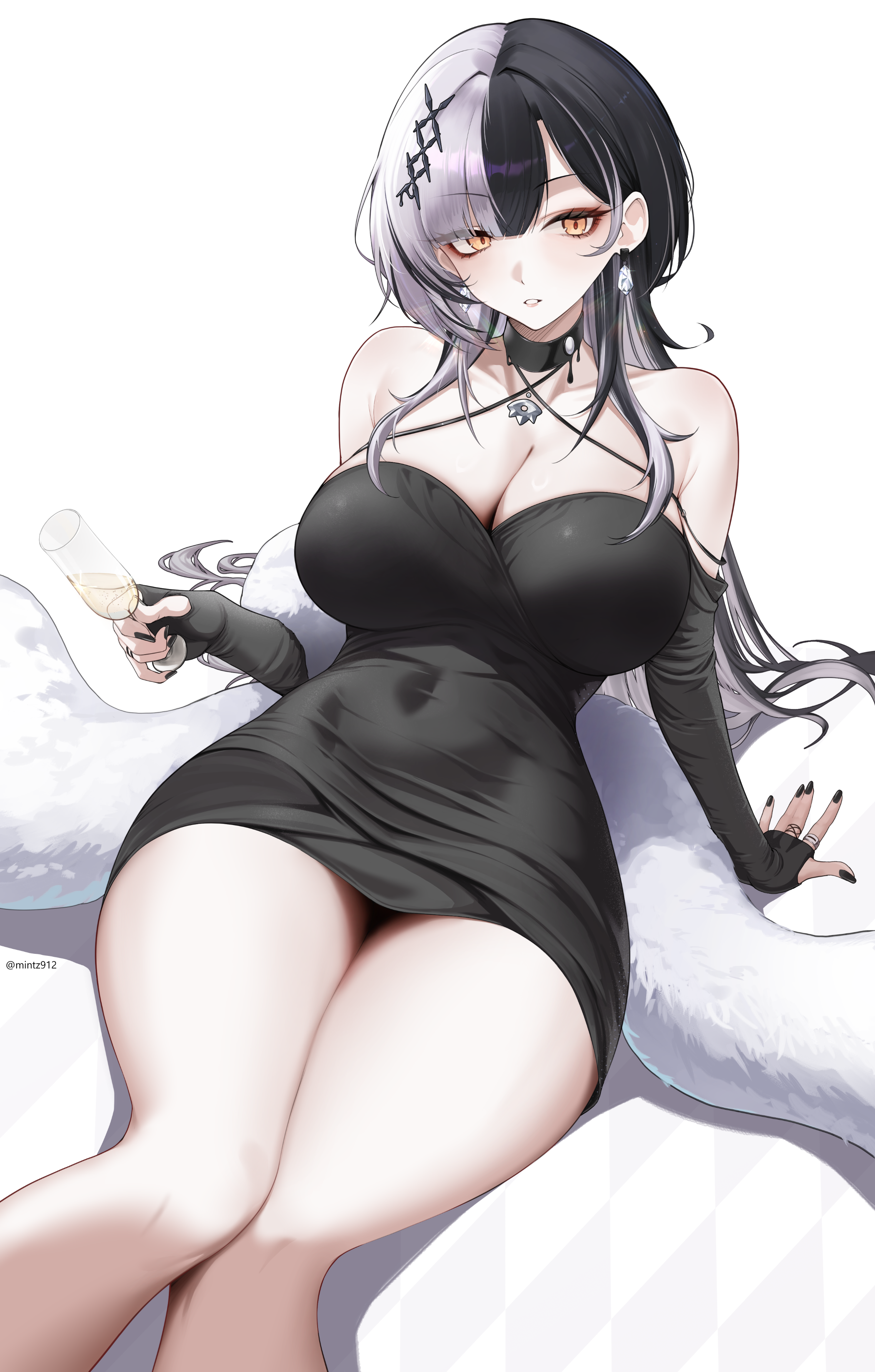 1girls, absurdres, bare legs, black choker, black dress, black hair, black nails, breasts, choker, cleavage, cup, curvy, dress, earrings, feather boa, female, female only, hair ornament, highres, holding, holding cup, hololive, hololive english, hololive english -advent-, jewelry, large breasts, leaning back, long hair, looking at viewer, mintz912, multicolored hair, nail polish, parted lips, shiori novella, simple background, sitting, solo, split-color hair, thighs, two-tone hair, very long hair, virtual youtuber, white background, white hair, wide hips, yellow eyes