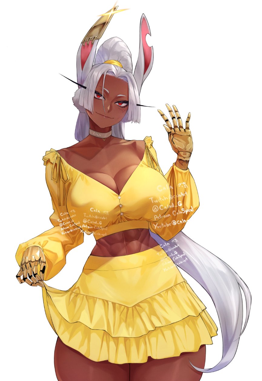 1girls, artist name, big breasts, boku no hero academia, breasts, bunny ears, busty, calad g, cleavage, dark skin, dark-skinned female, female, female only, midriff, miniskirt, miruko, muscular, muscular abdomen, muscular abs, my hero academia, ponytail, prosthetic arm, red eyes, robotic arm, rumi usagiyama, skirt, small waist, white hair, yellow skirt
