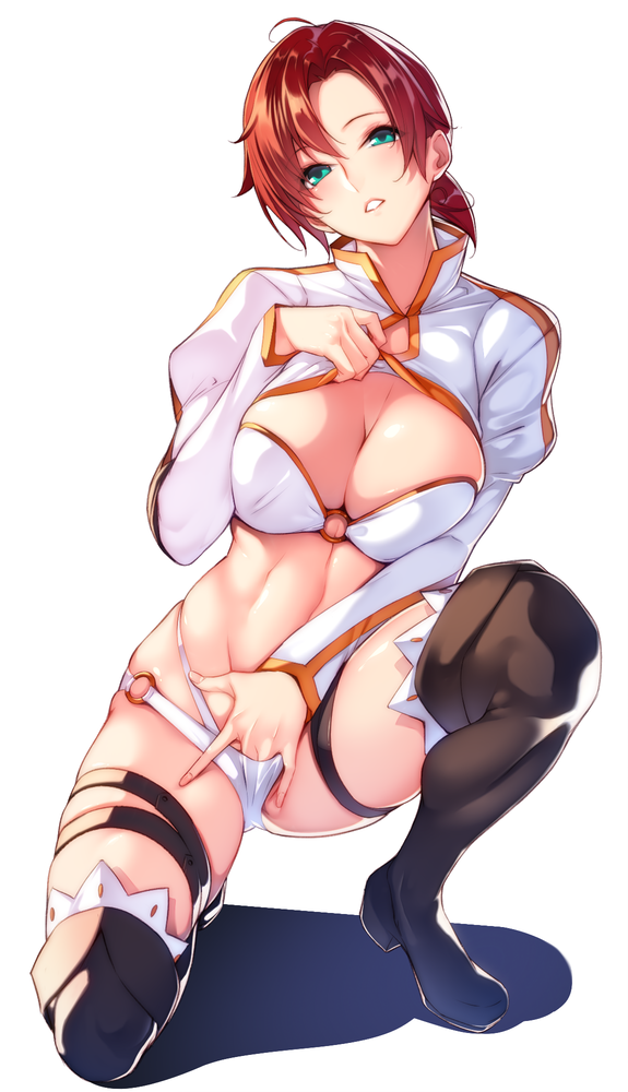 ahoge asymmetrical_bangs bangs bikini blue_eyes blush boots boudica_(fate) breasts brown_boots cleavage clothed_masturbation commentary fate/grand_order fate_(series) female fingering foreshortening full_body head_tilt juliet_sleeves large_breasts long_sleeves low_ponytail masturbation nanao_(mahaya) naughty_face o-ring_bikini one_knee parted_lips puffy_sleeves red_eyes short_hair skindentation solo stomach swimsuit tareme thigh_boots thigh_strap thighhighs white_bikini