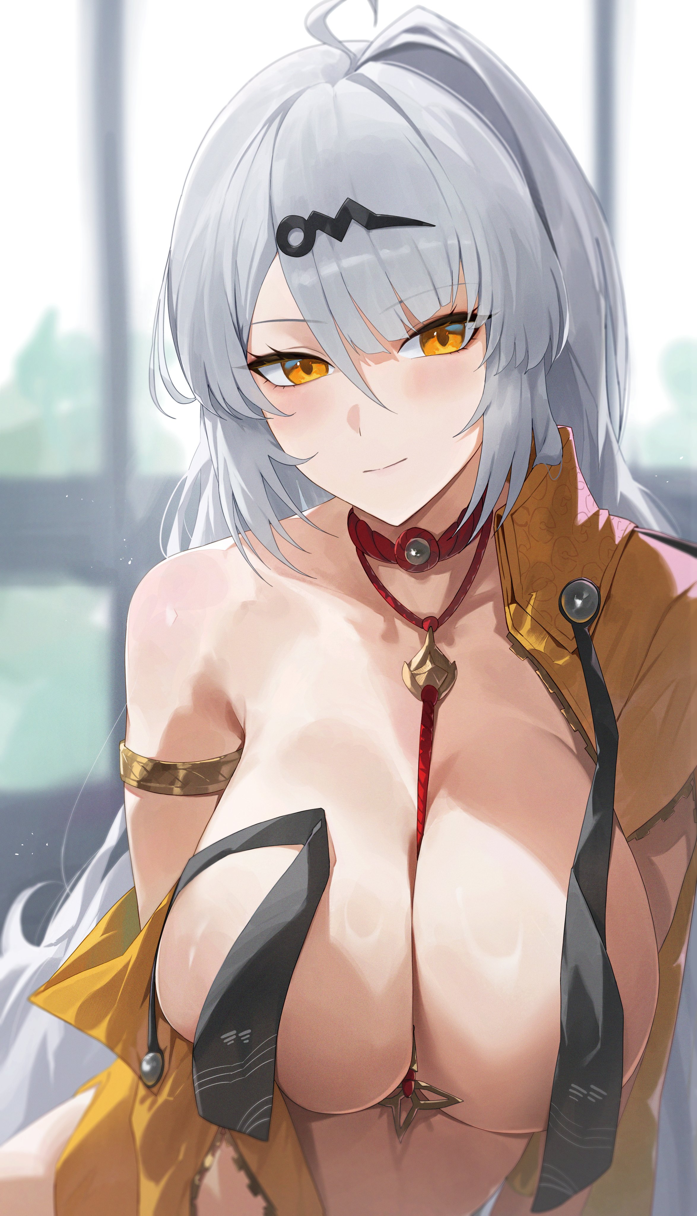 1girls, absurdres, ahoge, armlet, between breasts, blush, breasts, cleavage, closed mouth, convenient censoring, female, female only, grey hair, hair ornament, highres, huge breasts, jacket, jewelry, light skin, light-skinned female, long hair, necklace, off shoulder, orange jacket, single bare shoulder, solo, solo female, white hair, window, yellow eyes, yixuan (zenless zone zero), yonesdraws, zenless zone zero, zipper