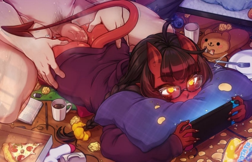 ahoge, ass, blush, book, clothed female nude male, colored skin, controller, demon girl, demon horns, demon tail, doggy style, female, fingernails, food, freckles, game controller, gamepad, glasses, glowing eyes, horns, indoors, male, meru (merunyaa), merunyaa, mole under eye, multitasking, nintendo switch, object hug, on stomach, oni, oni horns, orange eyes, panties, penis, pillow, pillow hug, pizza, playing games, pointy ears, red skin, sex, sex from behind, short hair, skin-covered horns, straight, stuffed animal, stuffed toy, tail, teddy bear, underwear