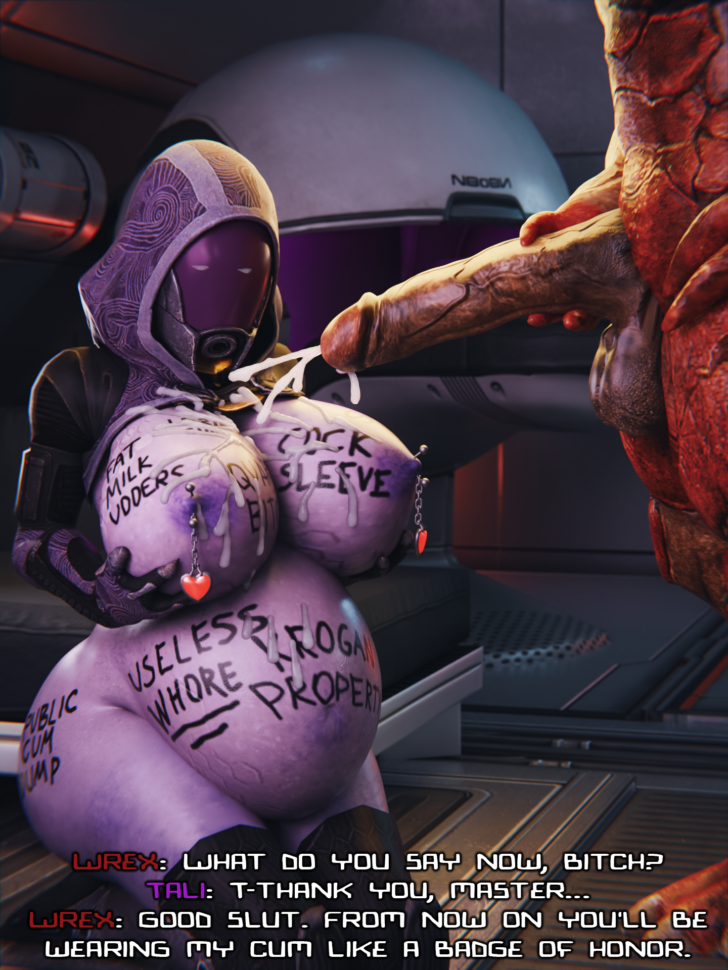 1boy, 1girls, 3d, about to cum, alien, alien girl, alien humanoid, big breasts, bioware, blender, body writing, breasts, caption, collar, cum, cum on breasts, cum on pregnant belly, cum on stomach, cumshot, degradation, dominant male, ejaculation, english text, erect penis, erection, fat tits, female, gigantic breasts, helmet, helmet with visor, hood, huge breasts, indoors, jerking, krogan, large breasts, large thighs, male, mask, masked, masked female, mass effect, mass effect 2, mass effect 3, masturbation, mostly nude, naked, naked female, nbtqa, nipple piercing, nipples, nude, nude female, partial male, partially clothed, pendant, penis, pierced nipples, piercing, pregnant, pregnant female, purple body, purple skin, purple skinned female, purple-skinned female, quarian, submissive, submissive female, tali'zorah nar rayya, thick thighs, thighs, tits out, urdnot wrex, wide hips, wide thighs