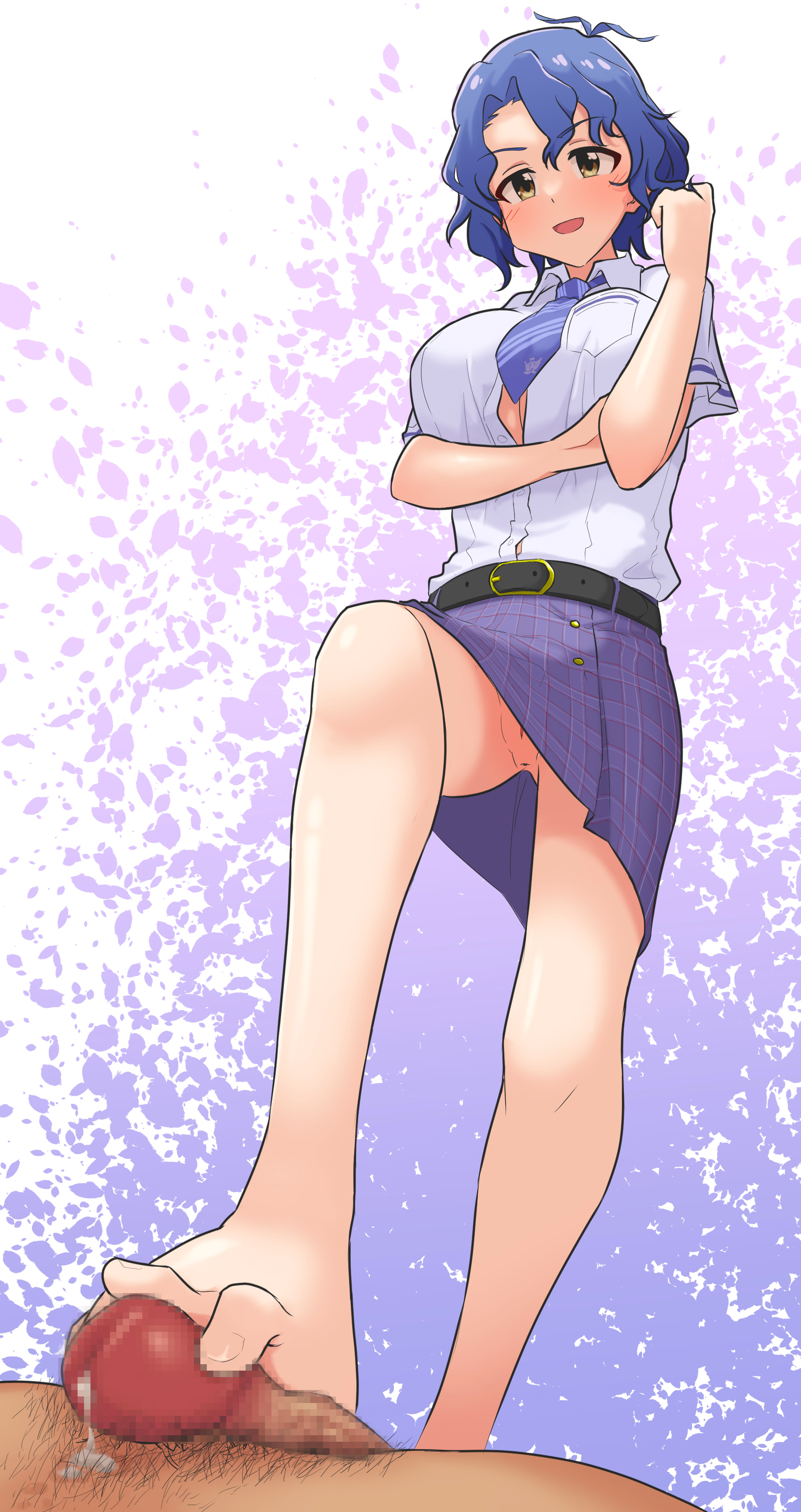 1b1boy, 1boy1girl, 1girls, adult, adult female, ahoge, ankles, antenna hair, big breasts, blue eyebrows, blue hair, blue-haired female, breasts, brown eyes, brown-eyed female, busty, busty female, calves, elbows, feet, feet on penis, female, female focus, fingers, flexible toes, foot on penis, footjob, footjob with one foot, full body, groin, high resolution, highres, idolmaster, idolmaster million live!, knees, kuda r18, large breasts, lean figure, legs, looking at viewer, male, mature, mature female, mosaic censoring, narrow waist, open mouth, open mouth smile, panchira, panchira (standing), parted bangs, parted lips, penis, plump breasts, short hair, shoulders, simple background, skirt, slender body, slender waist, slim waist, smile, smiley face, smiling, smiling at viewer, soles, standing, stroking penis, the idolm@ster, the idolm@ster million live!, thighs, toes, tongue, toyokawa fuka, toyokawa fuuka, upskirt, wavy hair, white background