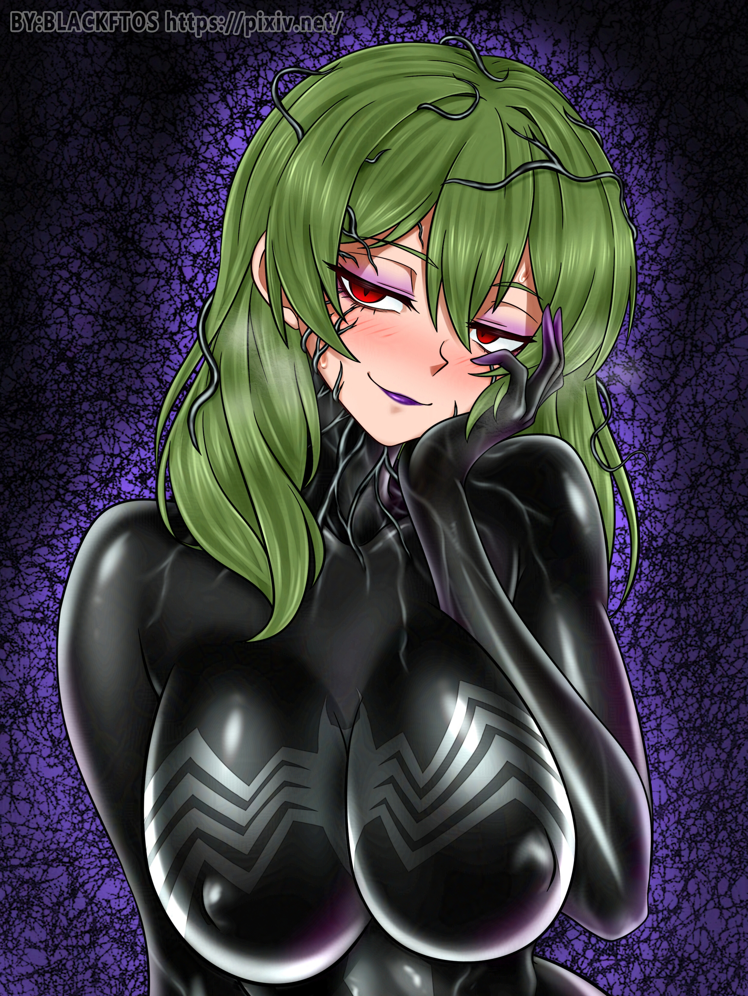 1girls, blackftos, bodysuit, corruption, female, living clothes, marvel, marvel comics, she-venom, sousou no frieren, symbiote, ubel (sousou no frieren), venom (marvel)