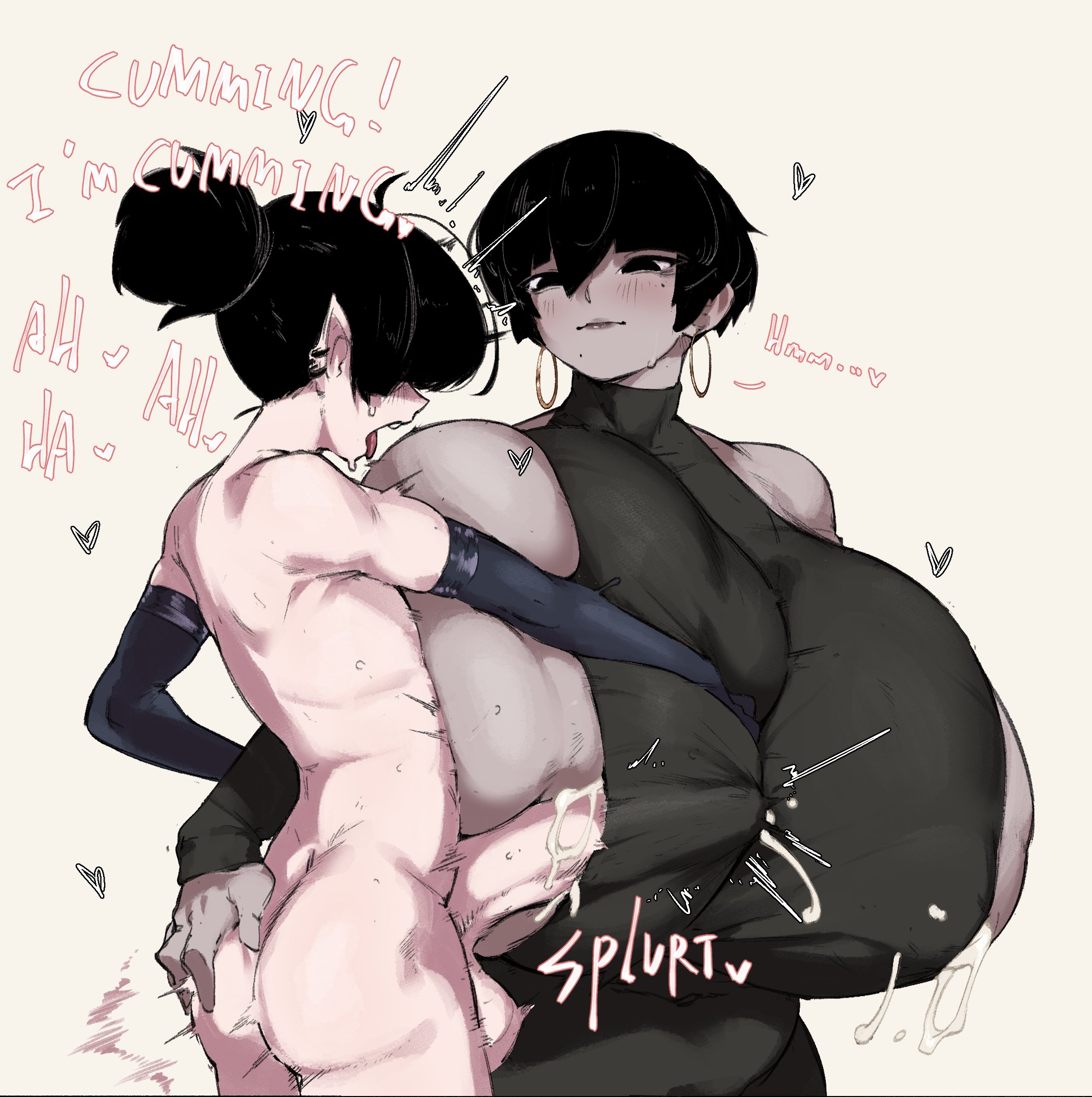 1boy, 1girls, breasts, clothed paizuri, duo, enormous breasts, female, femboy, femboy on female, gigantic breasts, hoop earrings, huge cock, hung femboy, hung trap, hyper, hyper breasts, kida (kida eve), kida eve, larger female, male, male/female, mischa (hayabusart), penis, penis on breast, penis to breast, penis under clothes, sideways paizuri, size difference, smaller male, standing, titjob