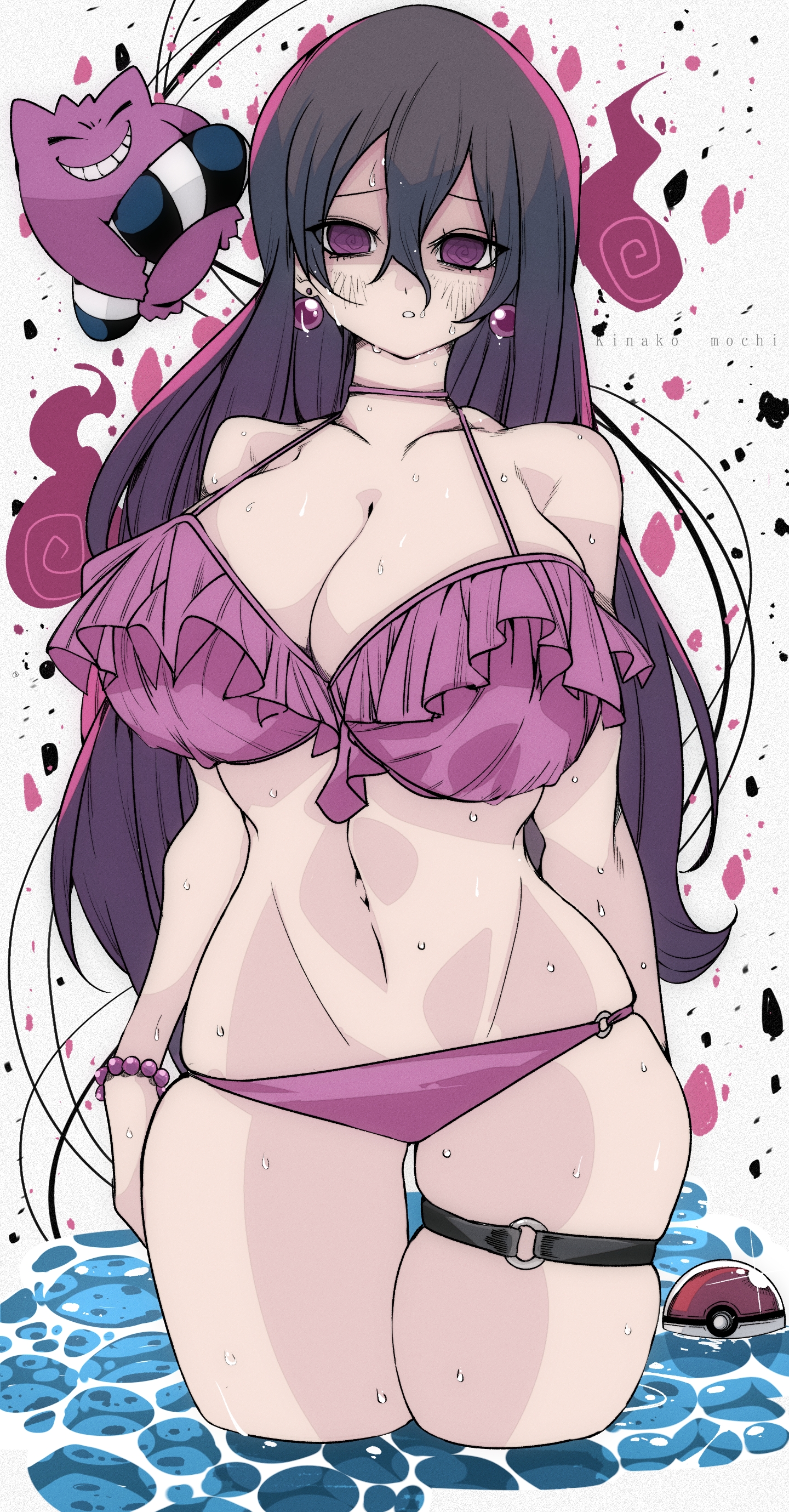 1girls, bikini, black hair, blush, bracelet, breasts, choker, cleavage, closed eyes, collarbone, earrings, female, female only, fire, game freak, gengar, grin, hair between eyes, hex maniac, hex maniac (pokemon legends: z-a), hitodama, huge breasts, innertube, jewelry, kinakomochi (user vedc2333), lace, lace trim, lace-trimmed swimsuit, large breasts, long hair, looking at viewer, lowleg, lowleg bikini, mature female, messy hair, navel, nintendo, o-ring, o-ring bikini, omochi db, parted lips, pokemon, pokemon (creature), pokemon legends: z-a, purple bikini, purple eyes, purple hair, smile, standing, swim ring, swimsuit, teeth, thigh strap, very long hair, wading, water, wet, white background