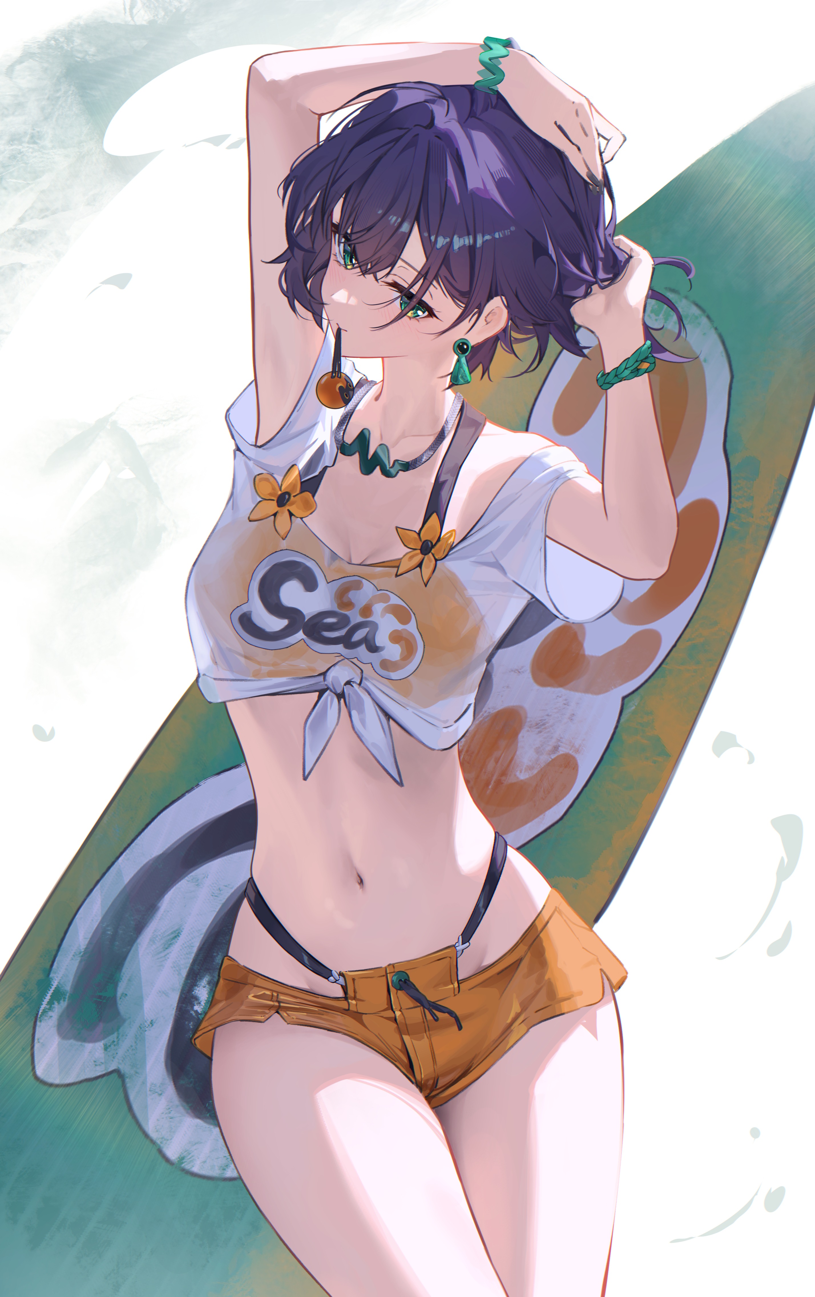 1girls, absurdres, belle (summer skies) (zenless zone zero), belle (zenless zone zero), bikini, blue hair, bracelet, breasts, bucket hat, cleavage, collarbone, commentary request, earrings, female, female only, fully clothed, green eyes, highres, jewelry, looking at viewer, medium breasts, mouth hold, navel, necklace, official alternate costume, orange bikini, orange shorts, partial commentary, sasa (sasa ekakiman), shirt, short hair, shorts, solo, stomach, surfboard, swimsuit, thighs, tied shirt, white shirt, zenless zone zero