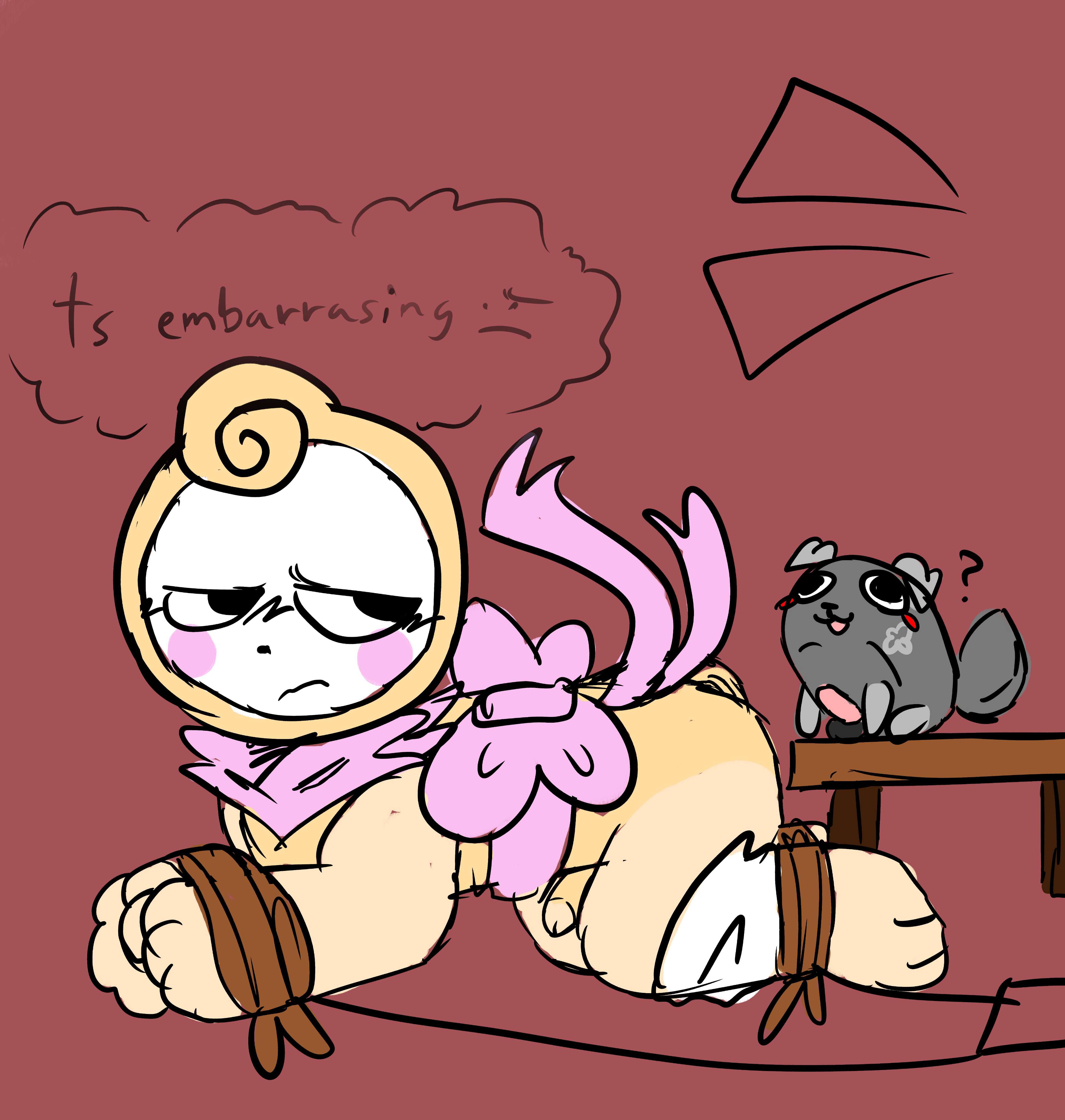 dandy's world, deadtoons, erect, erection, feral, furry, glisten (dandy's world), male, pebble (dandy's world), penis, thexanaxzaza, tied, zoophilia