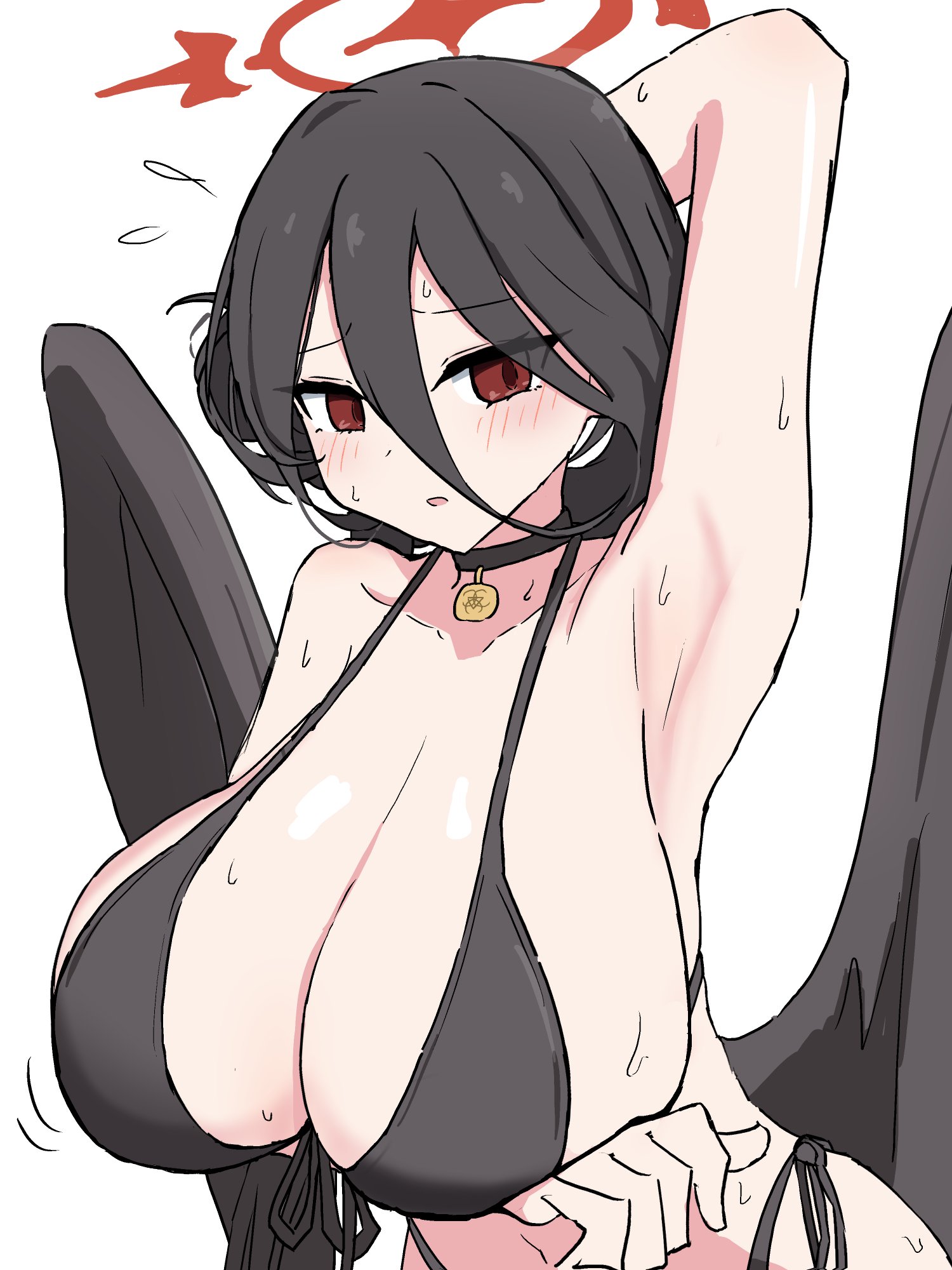 absurdres, arm under breasts, armpit, bikini, black bikini, black choker, black wings, blue archive, breasts, choker, female, flying sweatdrops, halo, hasumi (blue archive), hasumi (swimsuit) (blue archive), highres, huge breasts, justice task force (blue archive), low wings, nervous, official alternate costume, one arm up, red halo, simple background, solo, swimsuit, trinity general school student, upper body, white background, wings