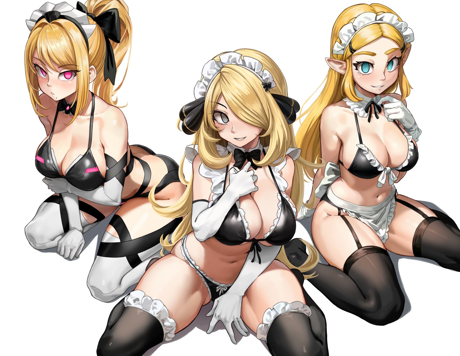3girls, blonde hair, breasts, breath of the wild, crossover, cynthia (pokemon), female, female focus, female only, frilly clothing, gm laz, hizarther, hypnosis, large breasts, laz gm, light skin, light-skinned female, looking at viewer, maid, maid uniform, metroid, multiple females, multiple girls, nintendo, pokemon, princess zelda, revealing clothes, samus aran, skimpy clothes, the legend of zelda, thick thighs, thighhighs, thighs, underwear, uniform, white background, wide hips, zelda (breath of the wild)