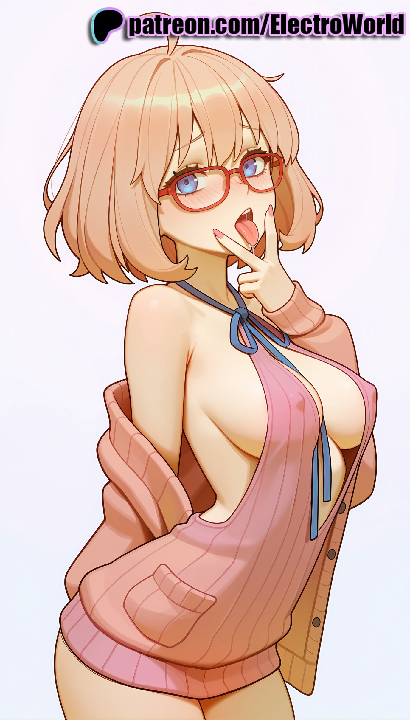 1girls, 2025, ai generated, artist name, bangs, blue eyes, blue ribbon, breasts, bust, chest, electroworld, eyebrows visible through hair, female, glasses, gradient, gradient background, hi res, high quality, high resolution, highres, kuriyama mirai, kyoukai no kanata, looking at viewer, off shoulder, open mouth, patreon, patreon username, red-framed eyewear, ribbon, short hair, solo, stable diffusion, tongue, tongue out, watermark