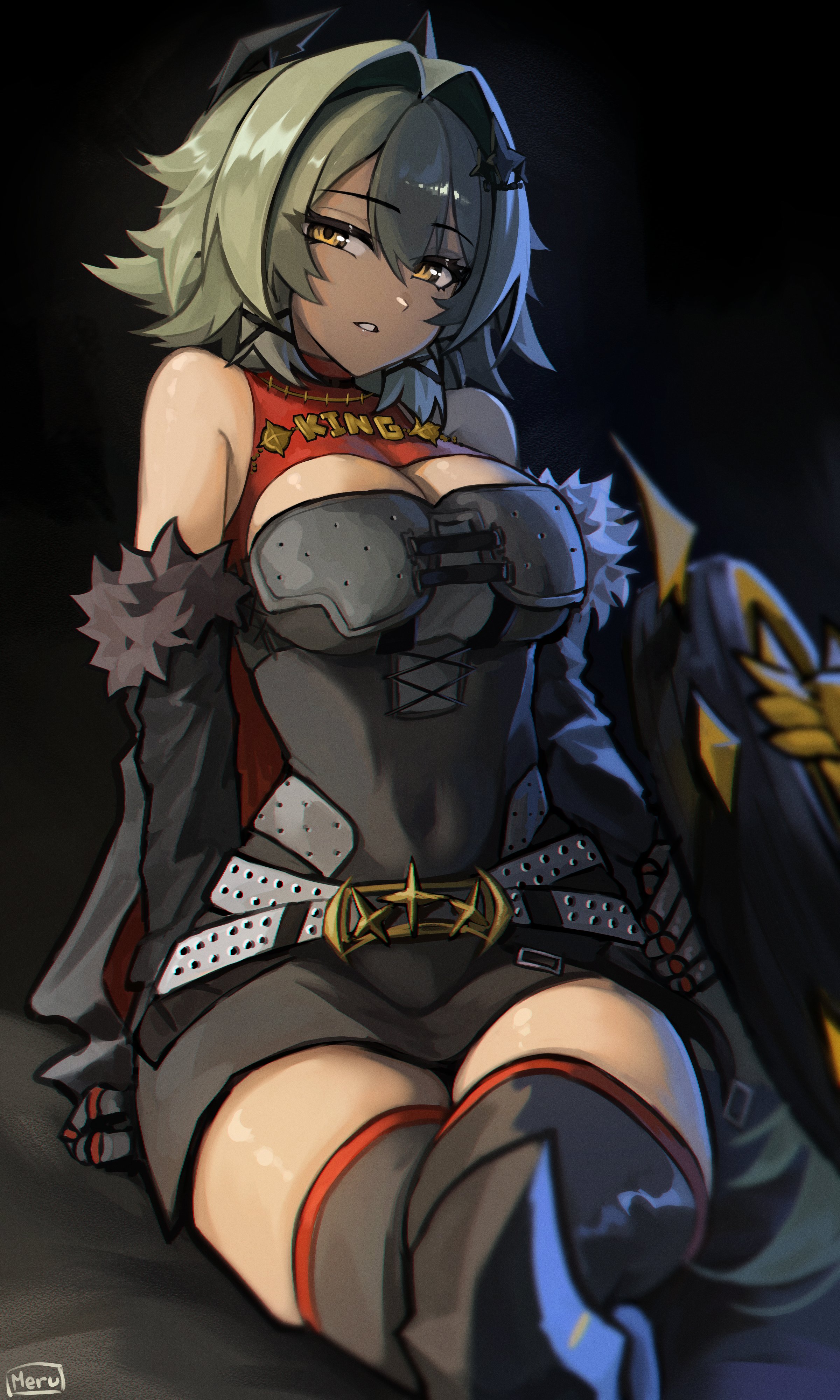 1girls, absurdres, black thighhighs, breasts, caesar king, caesar king (zenless zone zero), cleavage, crossed legs, female, female only, green hair, hair intakes, highres, horns, large breasts, long hair, looking at viewer, m3ru, open mouth, parted lips, smile, solo, thighhighs, thighs, yellow eyes, zenless zone zero
