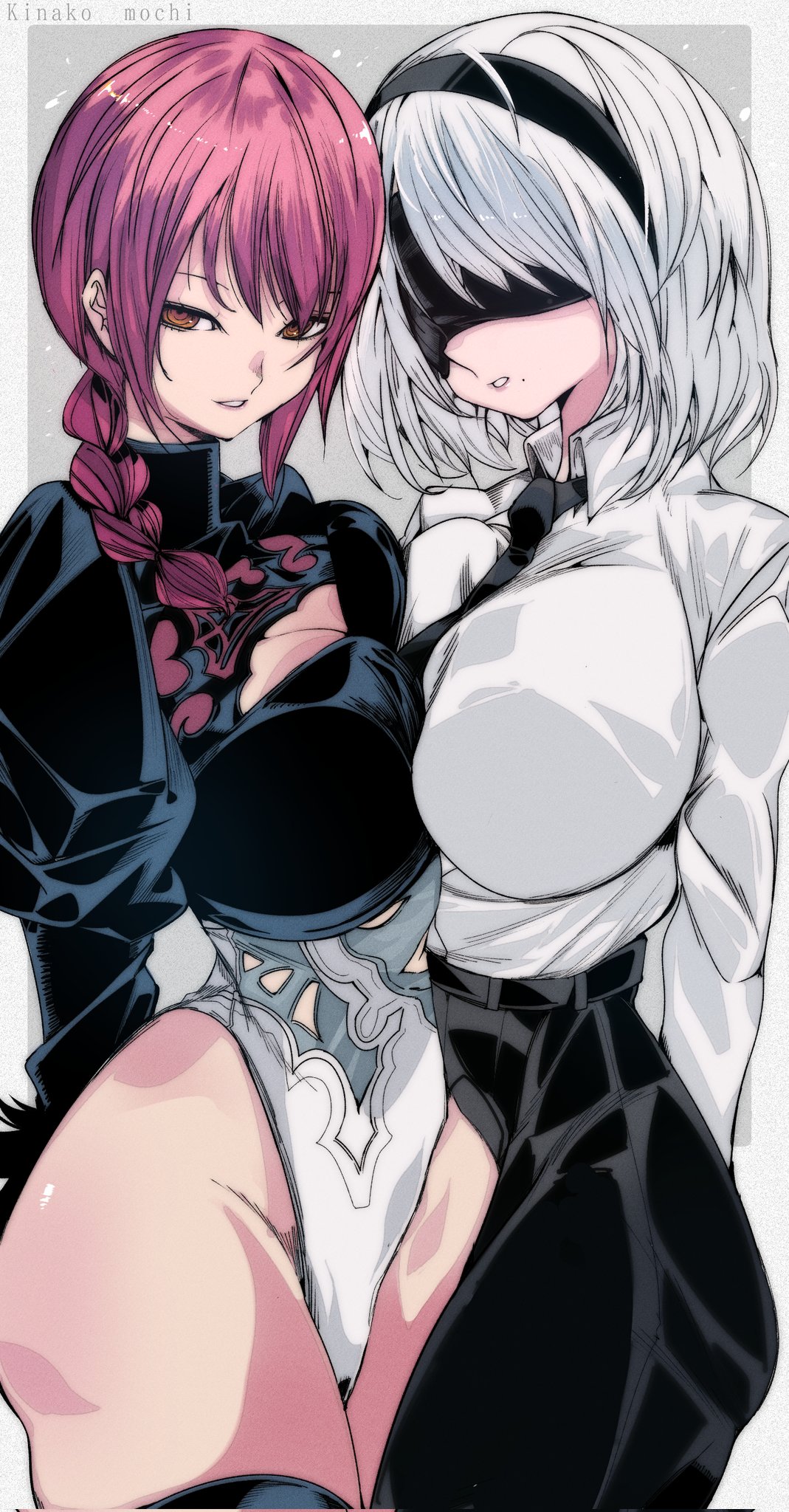 2girls, artist name, big breasts, black blindfold, black hairband, black leotard, black pants, blindfold, braid, braided hair, braided ponytail, breast press, breasts, chainsaw man, cleavage, clothing cutout, cosplay, costume switch, crossover, female, female only, hairband, highres, huge breasts, kinakomochi (user vedc2333), large breasts, leotard, long sleeves, looking at viewer, makima (chainsaw man), makima (chainsaw man) (cosplay), medium hair, mole, multicolored leotard, multiple females, multiple girls, necktie, nier, nier (series), nier: automata, omochi db, outfit swap, pants, parted lips, ponytail, puffy sleeves, red hair, ringed eyes, shirt, short hair, symmetrical docking, symmetrical pose, thick thighs, thighs, tie, white hair, white leotard, white shirt, wide hips, yellow eyes, yorha 2b, yorha 2b (cosplay)