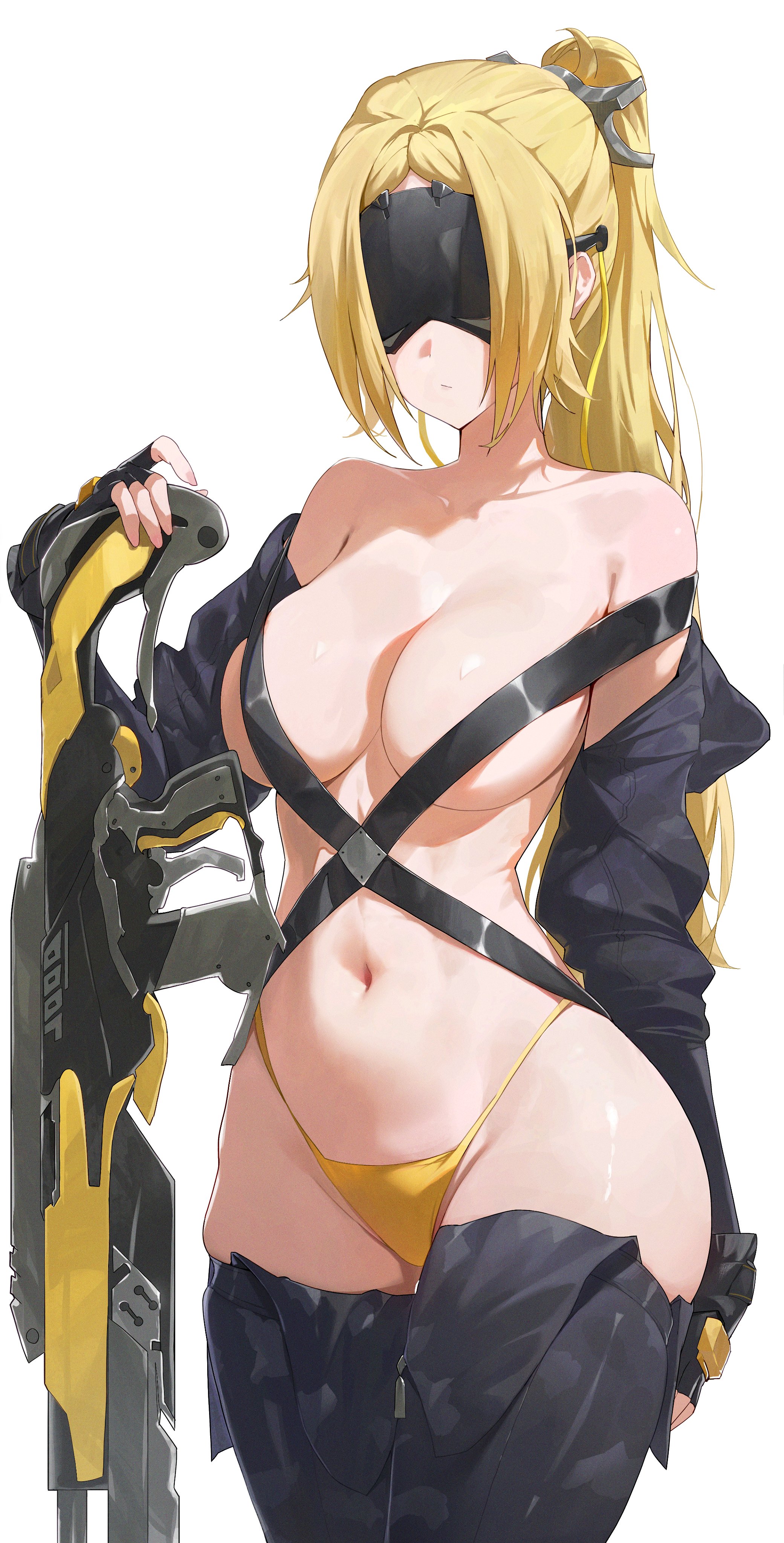 1girl, 1girls, absurdres, adapted costume, black gloves, black jacket, black thighhighs, blonde hair, breasts, camouflage, closed mouth, collarbone, commentary, cowboy shot, eye mask, facing viewer, female, female only, fingerless gloves, gloves, gun, highleg, highleg panties, highres, holding, holding gun, holding weapon, jacket, large breasts, light skin, light-skinned female, long hair, navel, panties, ponytail, rifle, sidelocks, simple background, solo, solo female, stomach, thighhighs, thighs, trigger (zenless zone zero), two-tone background, underwear, weapon, white background, yellow panties, yonesdraws, zenless zone zero