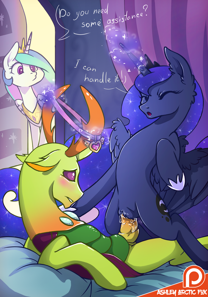 2017 alicorn antlers ashley-arctic-fox bed blue_feathers blue_hair blush changeling crown cutie_mark dialogue english_text equine feathered_wings feathers female feral friendship_is_magic group hair hasbro horn inside jewelry king_thorax_(mlp) magic male mammal my_little_pony necklace on_bed patreon penetration penis princess_celestia_(mlp) princess_luna_(mlp) pussy pussy_juice sex straight text thorax_(mlp) thuna vaginal_penetration wings