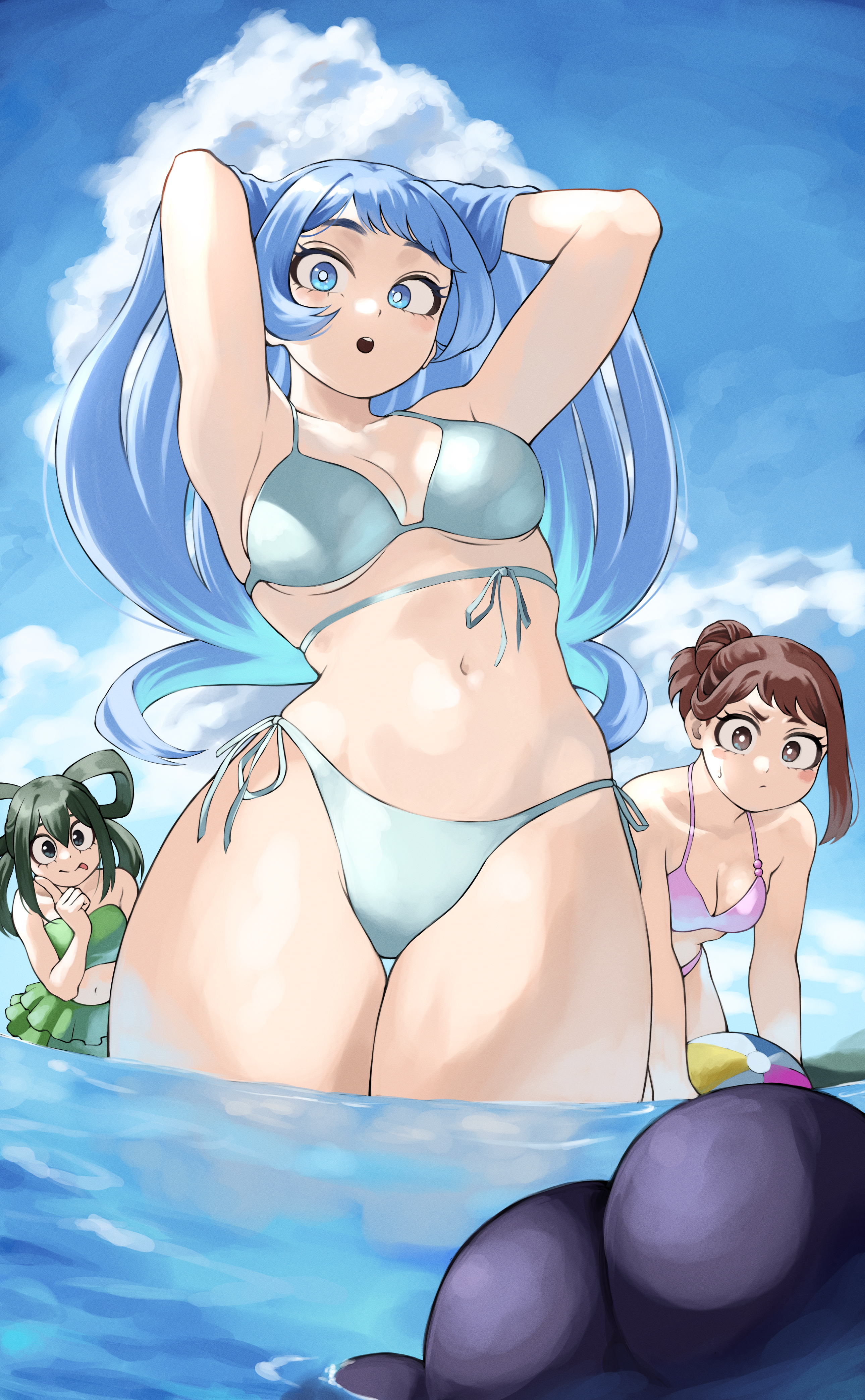 :o, :p, 1boy, 3girls, absurdres, armpits, arms up, ball, bare arms, bare shoulders, beachball, bikini, bikini skirt, blue bikini, blue hair, blue sky, blue-haired female, blush stickers, boku no hero academia, breasts, bright pupils, brown hair, brown-haired female, cleavage, cloud, commentary, day, female, fengling (furin-jp), green hair, green skirt, green-haired female, hair rings, hands in own hair, highres, looking at viewer, male, medium breasts, minoru mineta, multiple females, multiple girls, my hero academia, navel, nejire hado, ochako uraraka, open mouth, pink bikini, skirt, sky, smile, standing, stomach, strapless, strapless bikini, swimsuit, thighs, tongue, tongue out, tsuyu asui, tube top, wading, water, white pupils