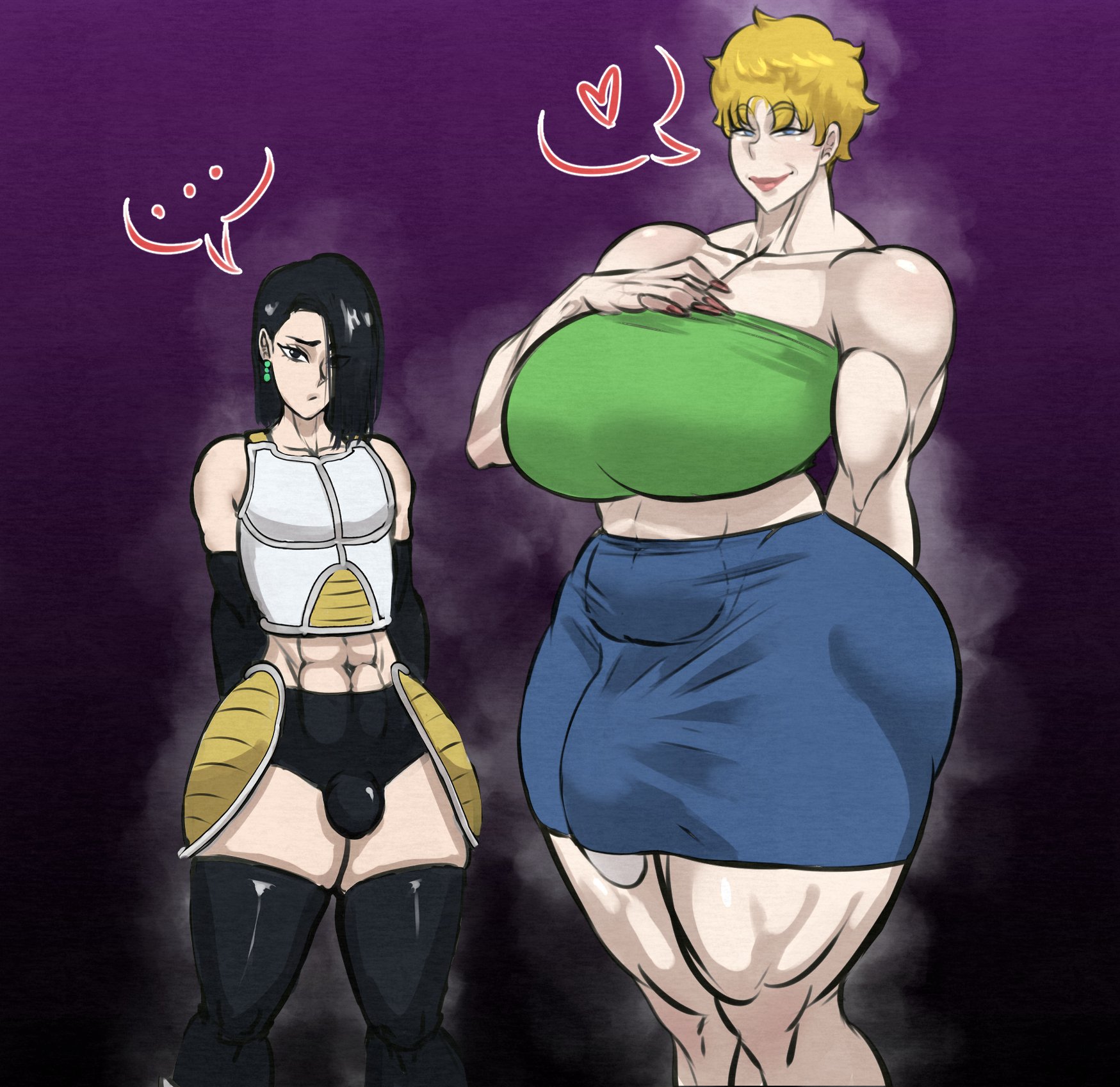 1boy, 1futa, age difference, breasts, dittochad, dragon ball, futa on male, futanari, gay, gigantic breasts, huge breasts, intersex, male, mature futa, revealing clothes, size difference, standing, wrinkles, younger male
