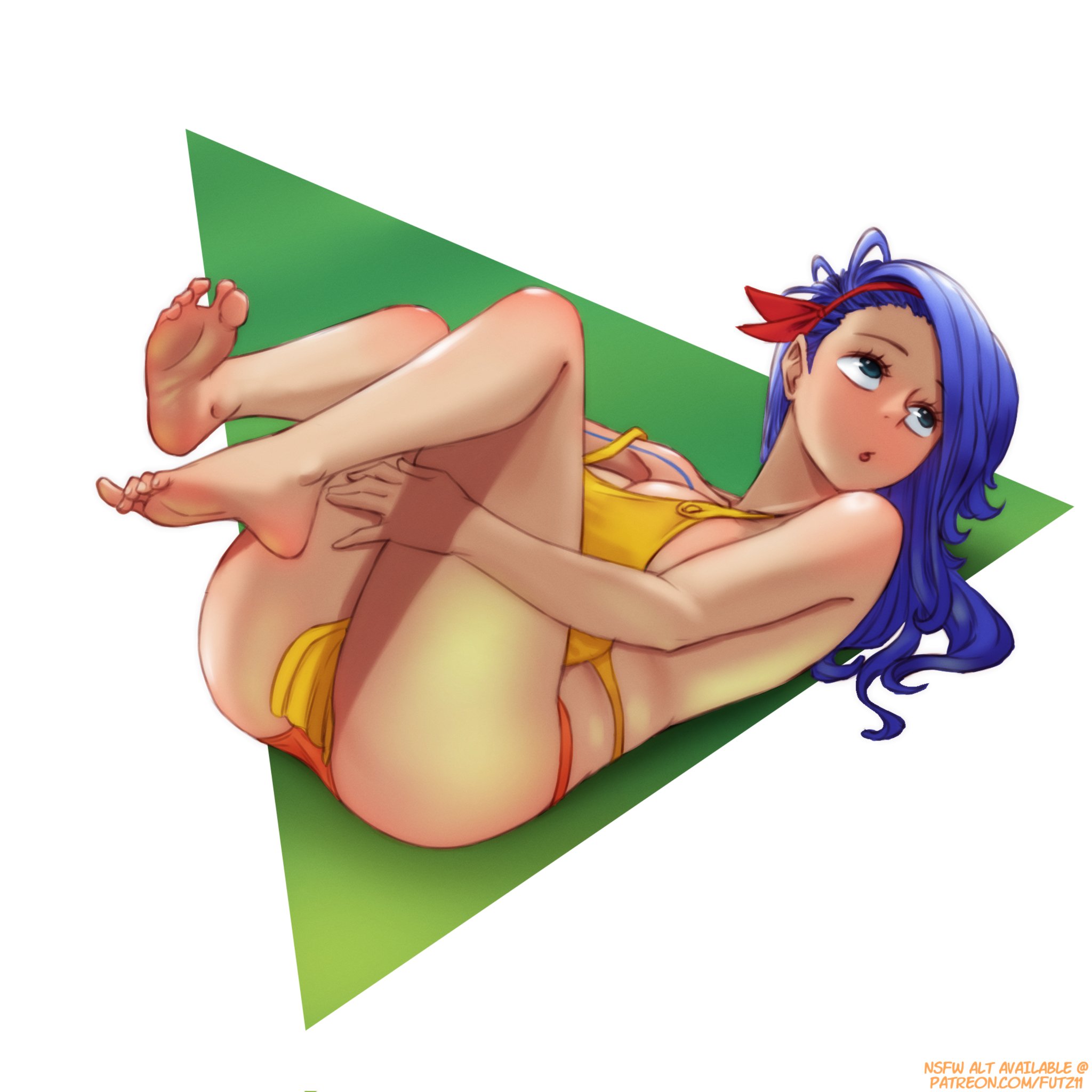 1girls, adult, adult female, ankles, ass, bare ass, bare butt, bare calves, bare chest, bare hands, bare hips, bare knees, bare legs, bare shoulders, bare soles, bare thighs, barefoot, bewitching thighs, bikini, bikini bottom, bikini only, bikini top, blue eyebrows, blue eyes, blue hair, blue-eyed female, blue-haired female, breasts, busty, busty female, calves, child bearing hips, elbows, exposed arms, exposed ass, exposed butt, exposed chest, exposed hips, exposed legs, exposed shoulders, exposed skin, exposed thighs, exposed toes, feet, feet up, female, female focus, female only, fingers, foot up, full body, futz 11, groin, hairband, head tilt, high resolution, highres, knee up, knees, knees up, large breasts, lean figure, leg up, legs, legs up, long hair, lying, lying down, lying on back, lying on floor, mature, mature female, narrow waist, nojiko, on back, one piece, parted bangs, shoulders, simple background, slender body, slender waist, slim waist, soles, solo, string bikini, swimsuit, swimwear, thick thighs, thighs, tilted head, toes, white background, wide hips, yellow bikini, yellow bikini bottom, yellow bikini top, yellow string bikini, yellow swimsuit, yellow swimwear