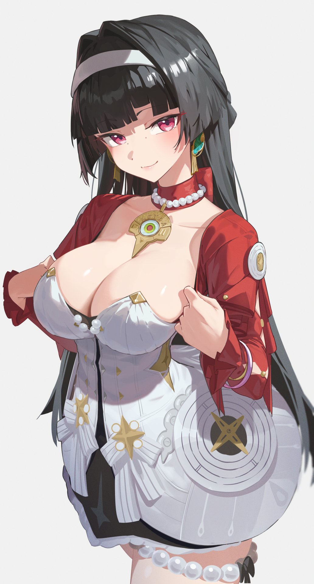 1girls, astra yao, black hair, blunt bangs, breasts, cleavage, closed mouth, cropped jacket, dress, duplicate, earrings, female, female only, grey background, hair intakes, hairband, highres, jacket, jewelry, large breasts, long hair, looking at viewer, mole, mole under eye, necklace, pearl necklace, red eyes, red jacket, reulem, simple background, smile, solo, strapless, strapless dress, thigh strap, very long hair, white dress, white hairband, zenless zone zero