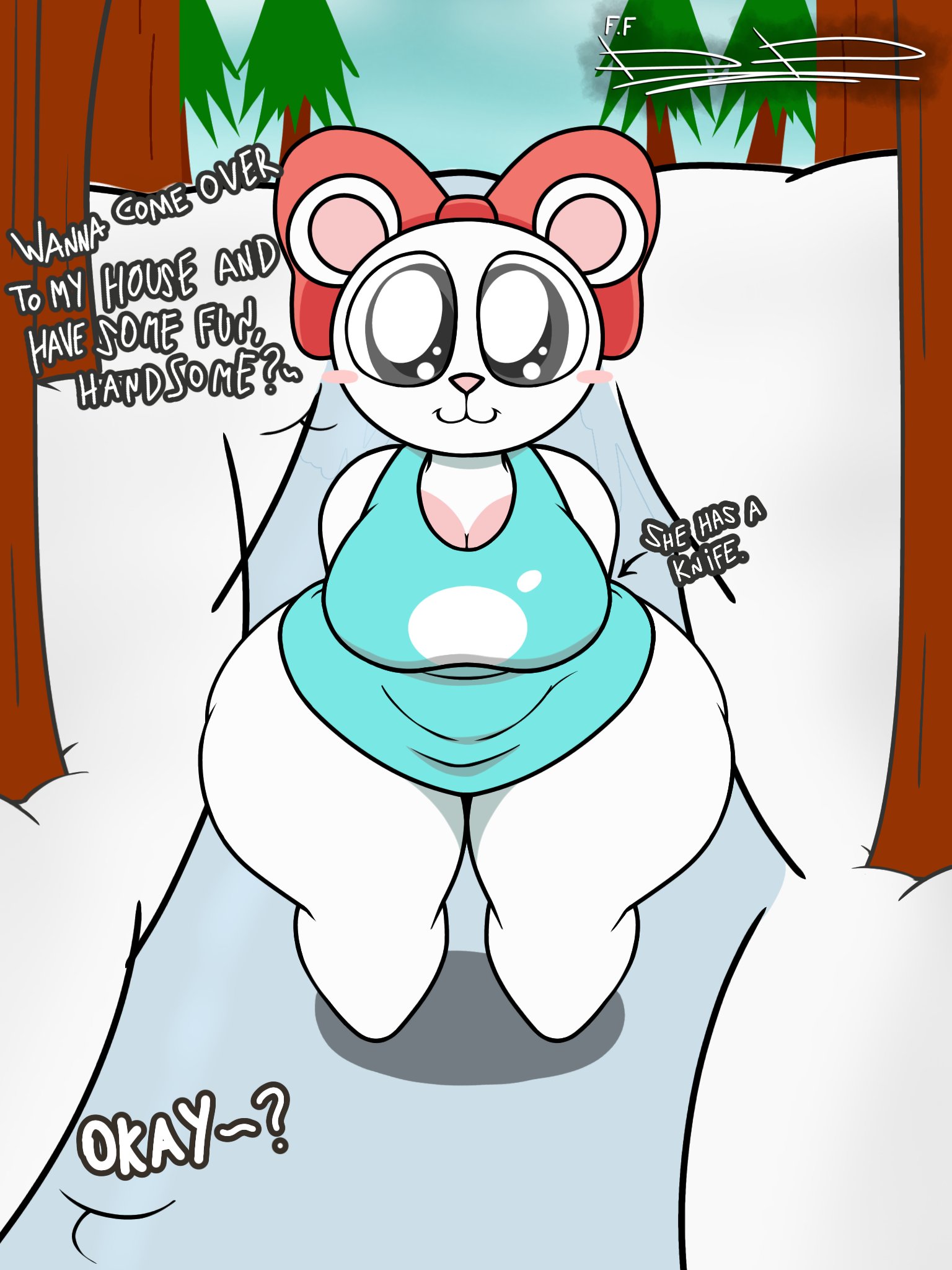 ?, almost naked, almost nude, animal, animal ears, animal humanoid, big bow tie, bowtie, bowtie on head, color, colored, cute face, cute smile, dialogue, digital media (artwork), female, male, male/female, owo, pov, pov male, pretty blood, rinny (pretty blood), sinner20033, snow, text, tree, white body