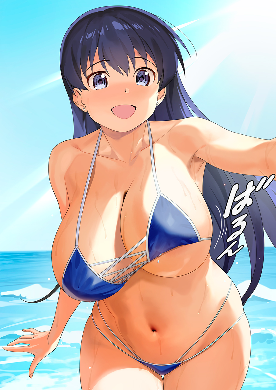 :d, a1 (initial-g), arato nagi, armpits, bikini, black hair, blue bikini, blue sky, bouncing breasts, breasts, breasts bigger than head, cleavage, commentary, day, female, highres, huge breasts, huge thighs, japanese text, light skin, light-skinned female, long black hair, long hair, looking at viewer, movement lines, navel, ocean, open mouth, ruri no houseki, skimpy bikini, sky, smile, smiling, smiling at viewer, solo, solo female, solo focus, standing, stomach, swimsuit, thick, thick legs, thick thighs, thighs, thong, thong bikini, tongue, translation request, very long hair, water