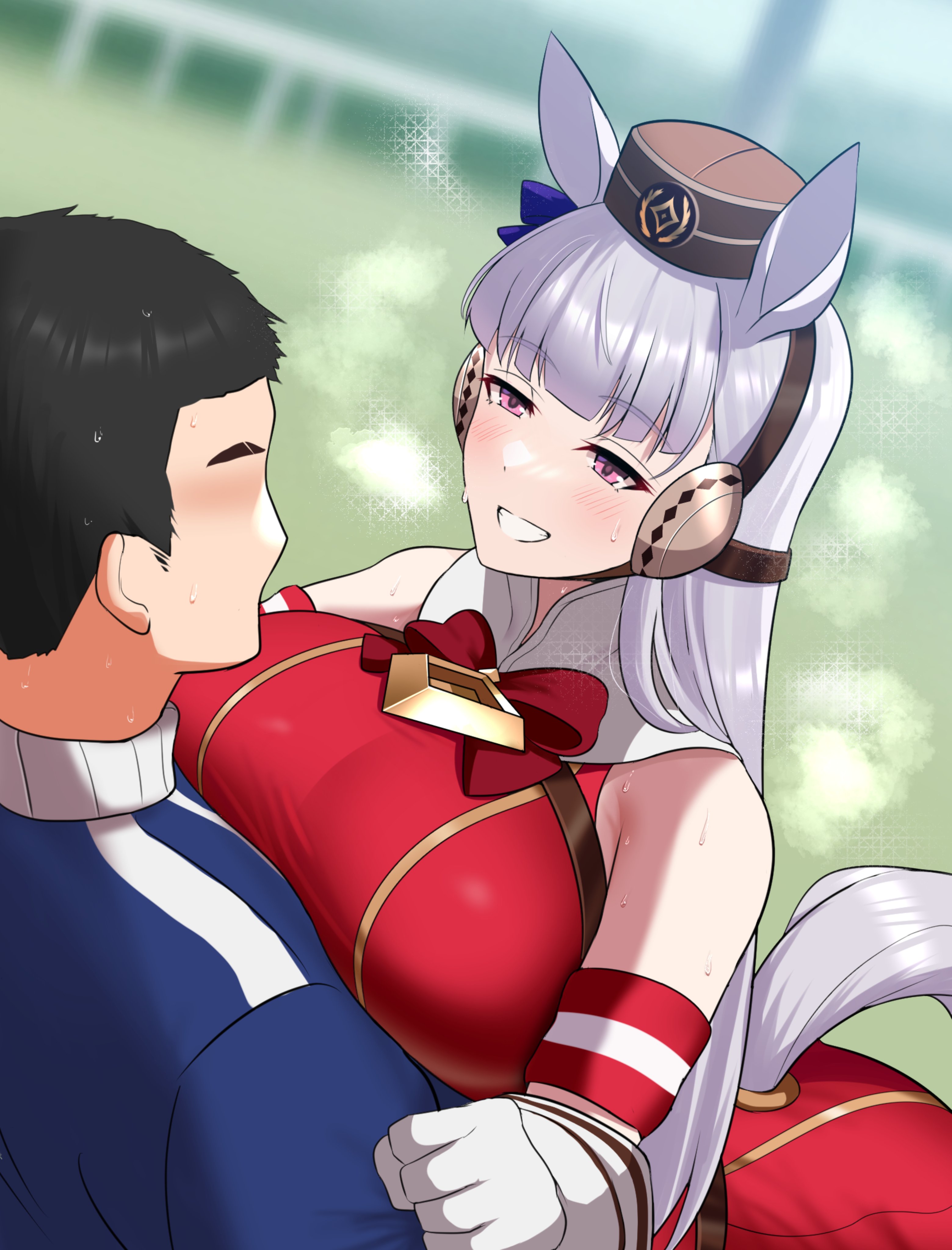 1boy, 1girls, absurdres, alto-kun, altronage, animal ears, blush, bow, breasts, breasts on chest, dress, ear bow, ear covers, female, gloves, gold ship (umamusume), highres, horse ears, horse girl, horse tail, large breasts, male, pink eyes, purple bow, red dress, smile, sweat, tail, trainer (umamusume), umamusume, white gloves