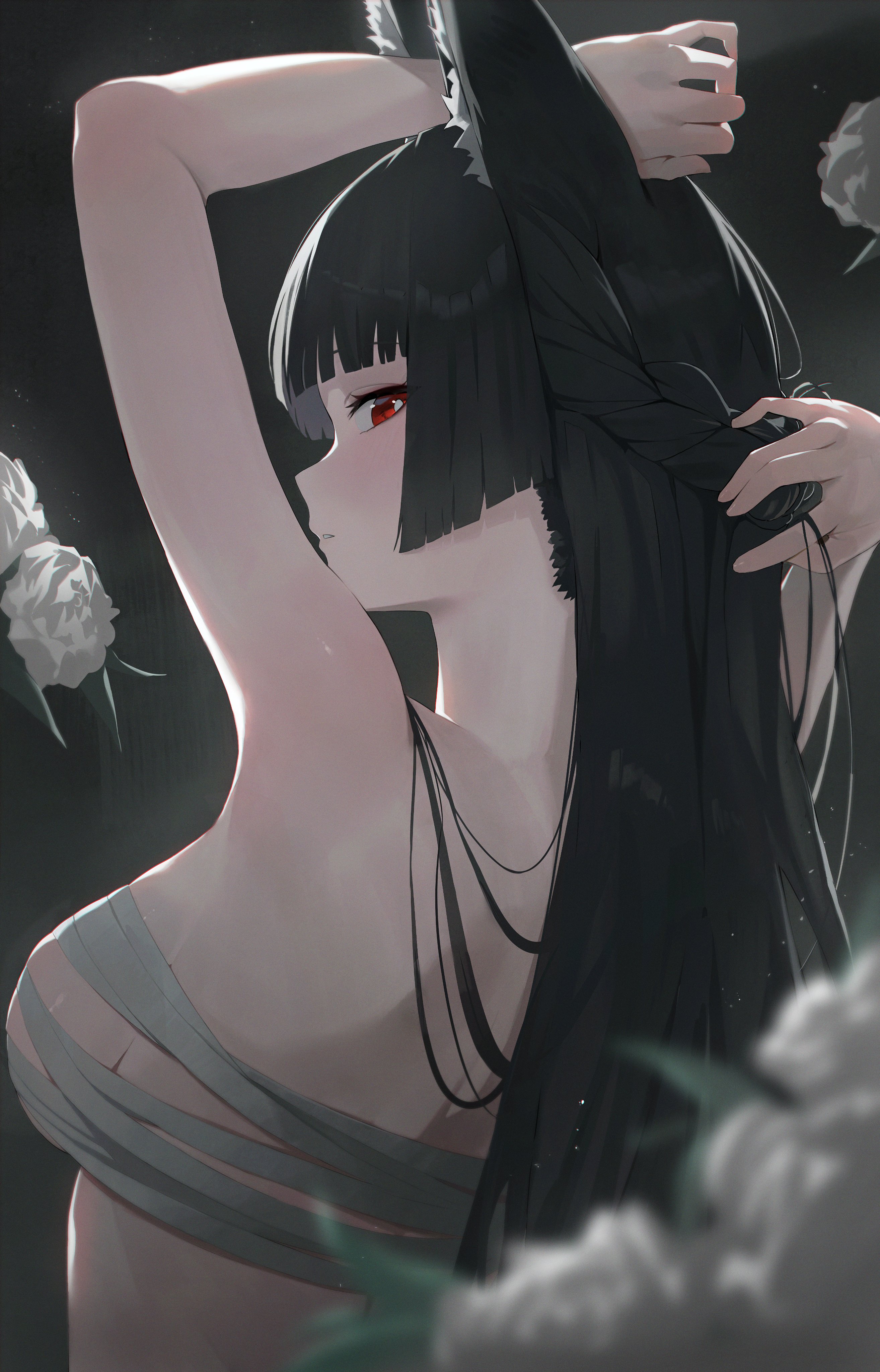 1girl, 1girls, absurdres, animal ears, arm up, black hair, braid, breasts, bright pupils, chest sarashi, commentary, female, female only, fox ears, fox girl, from side, half up braid, hand up, hashtag-only commentary, highres, hoshimi miyabi, light skin, light-skinned female, long hair, looking at viewer, medium breasts, parted lips, red eyes, sarashi, solo, solo female, very long hair, white pupils, yonesdraws, zenless zone zero