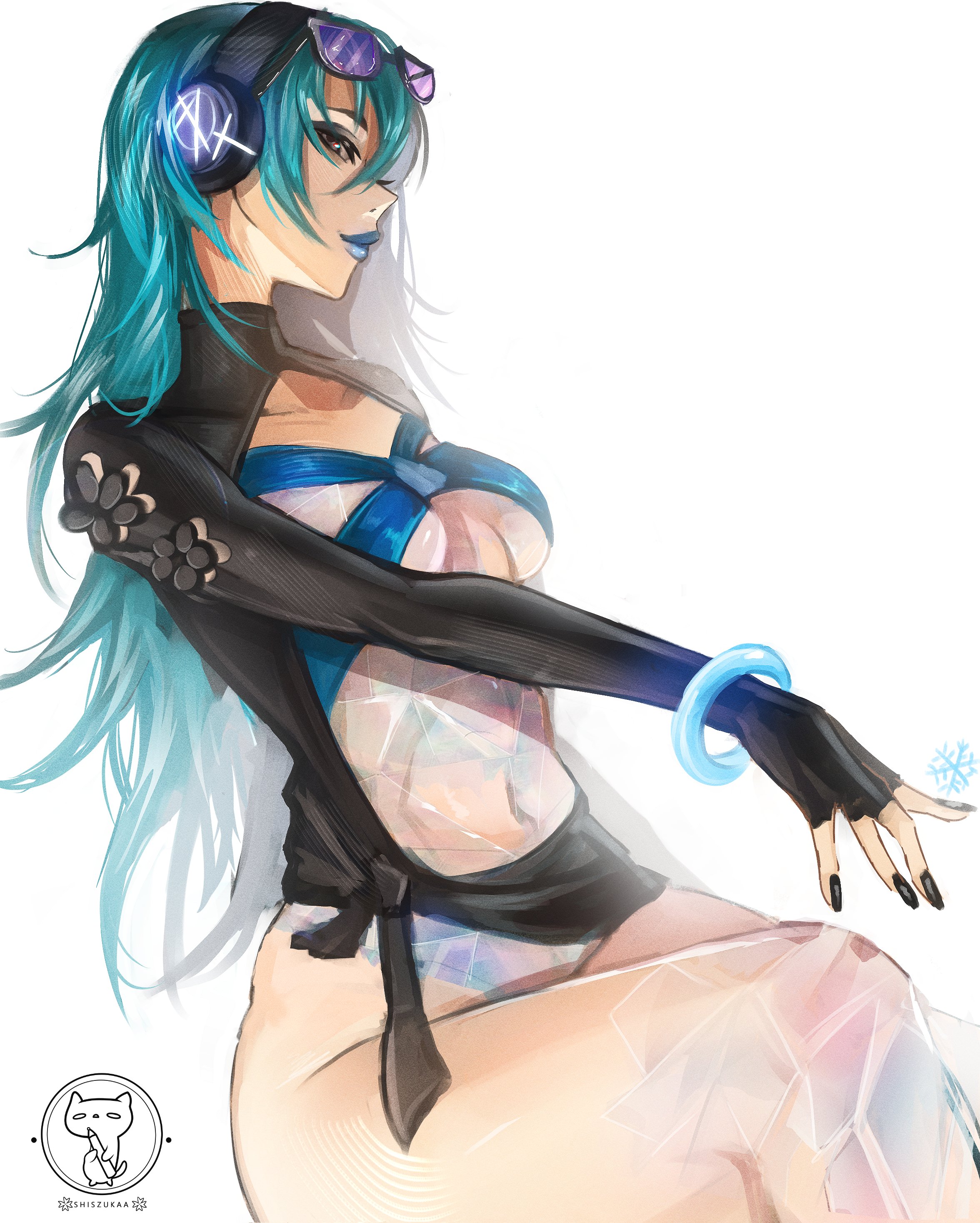 1girls, black nails, blue lipstick, breasts, crossed legs, eyewear on head, female, female only, headphones, lipstick, looking at viewer, luna snow, luna snow (cool summer), luna snow (marvel rivals), marvel, marvel comics, marvel rivals, nail polish, shiszukaa, solo, sunglasses on head, thick thighs, underboob