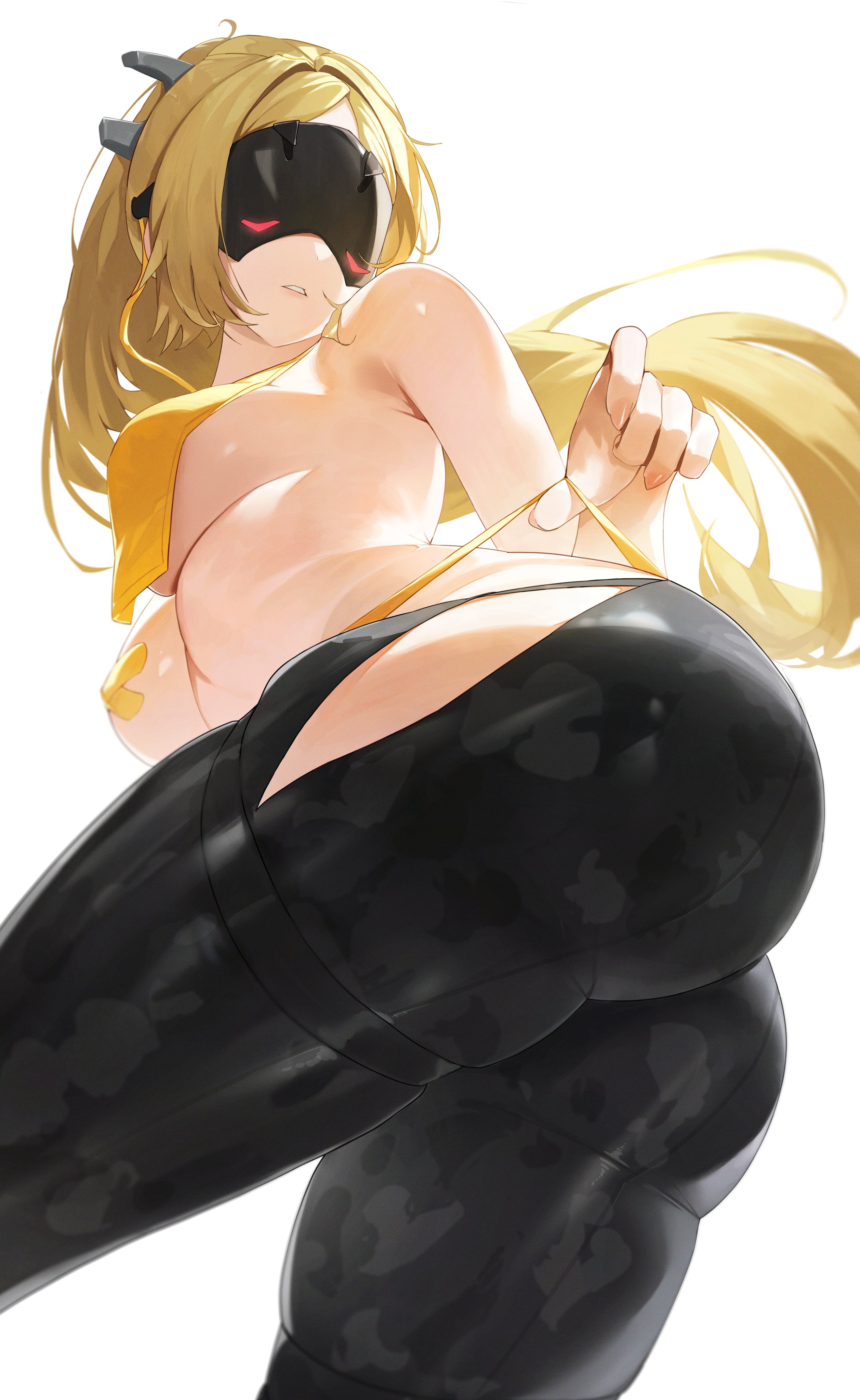 1girls, absurdres, ass, black pants, blonde hair, breasts, camouflage, camouflage pants, commentary, covered eyes, cowboy shot, cross, cross pasties, eye mask, facing viewer, female, female only, from below, hair ornament, highres, large breasts, light skin, light-skinned female, long hair, panties, pants, parted lips, pasties, simple background, solo, solo female, tight clothes, tight pants, trigger (zenless zone zero), underwear, white background, yellow panties, yonesdraws, zenless zone zero
